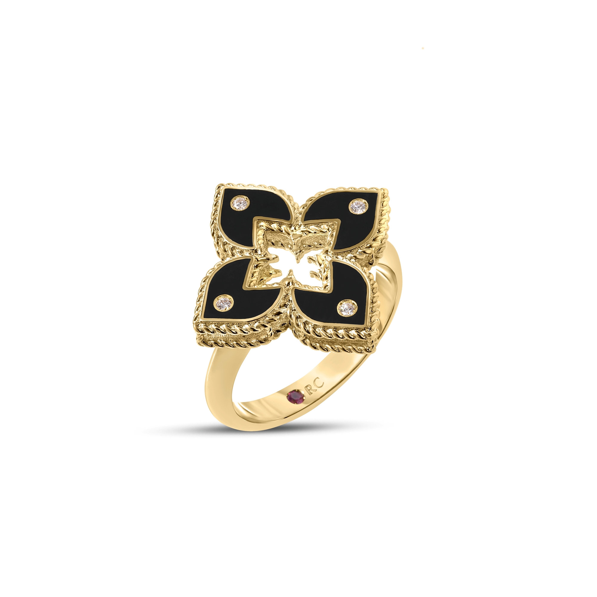 18k Yellow Gold Venetian Princess Diamond And Black Enamel Flower Ring
