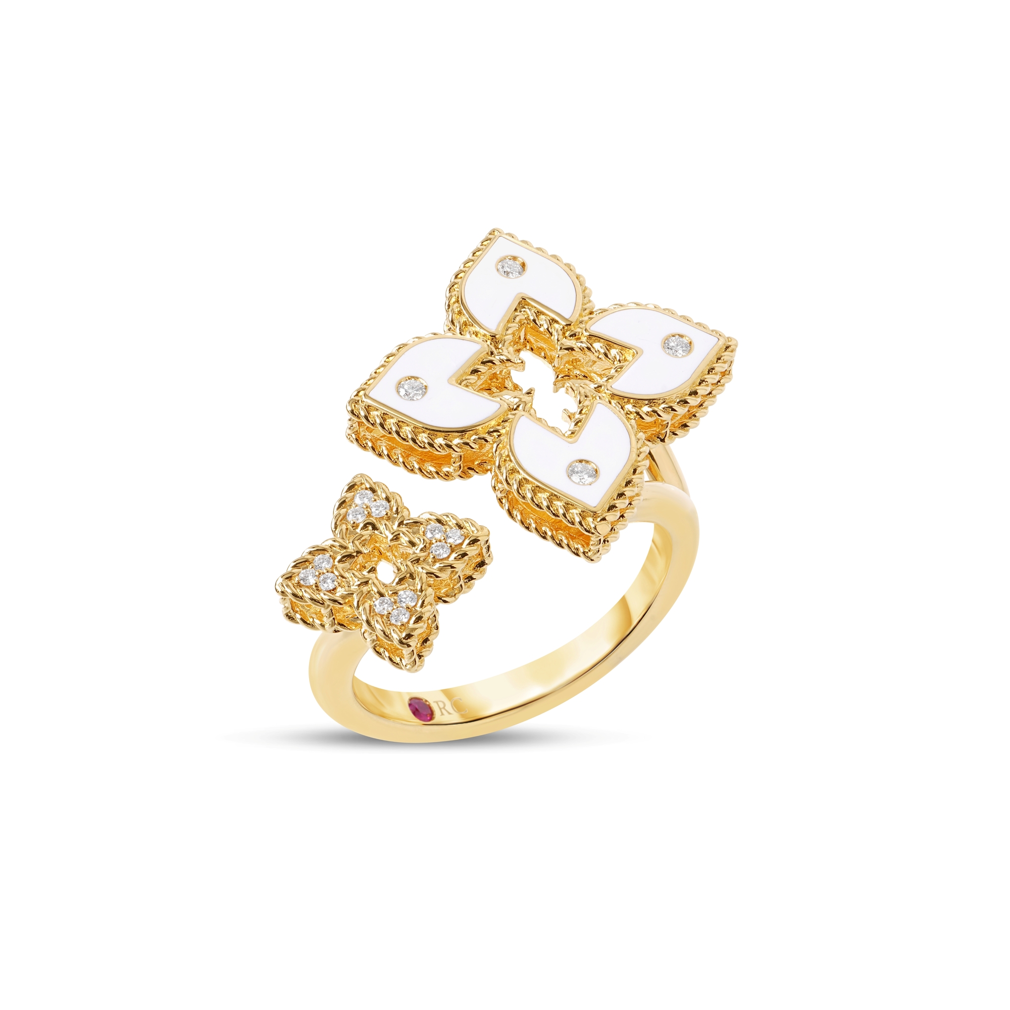 18k Yellow Gold Venetian Princess Diamond And White Enamel Double Flower Bypass Ring