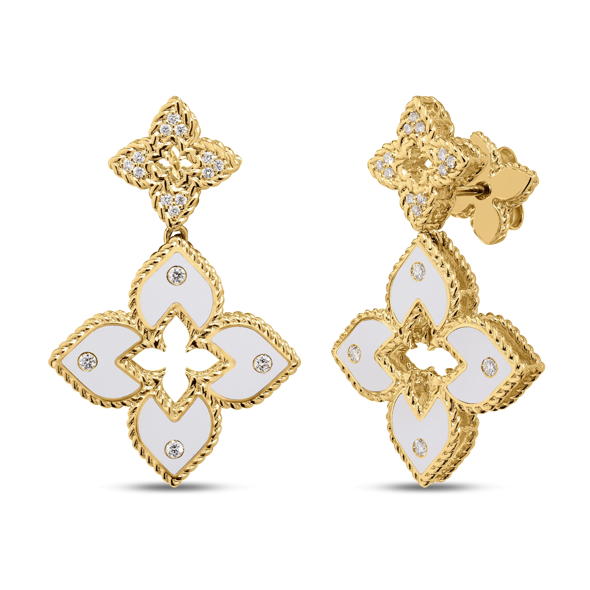 18k Yellow Gold Venetian Princess Pave Diamond And White Enamel Flower Drop Earrings