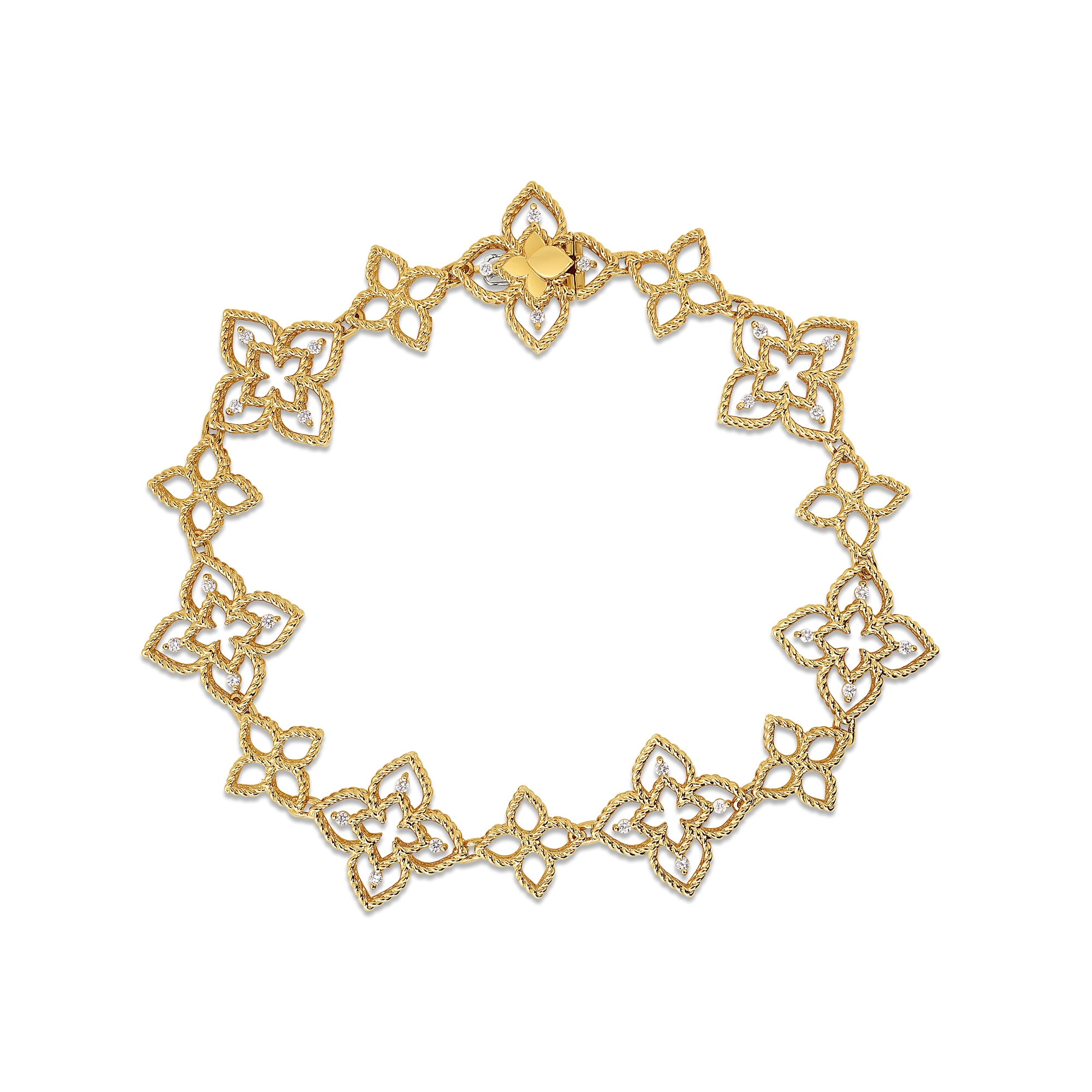 18k Yellow/white Gold Princess Flower Alternating Open Frame Flower Diamond Bracelet