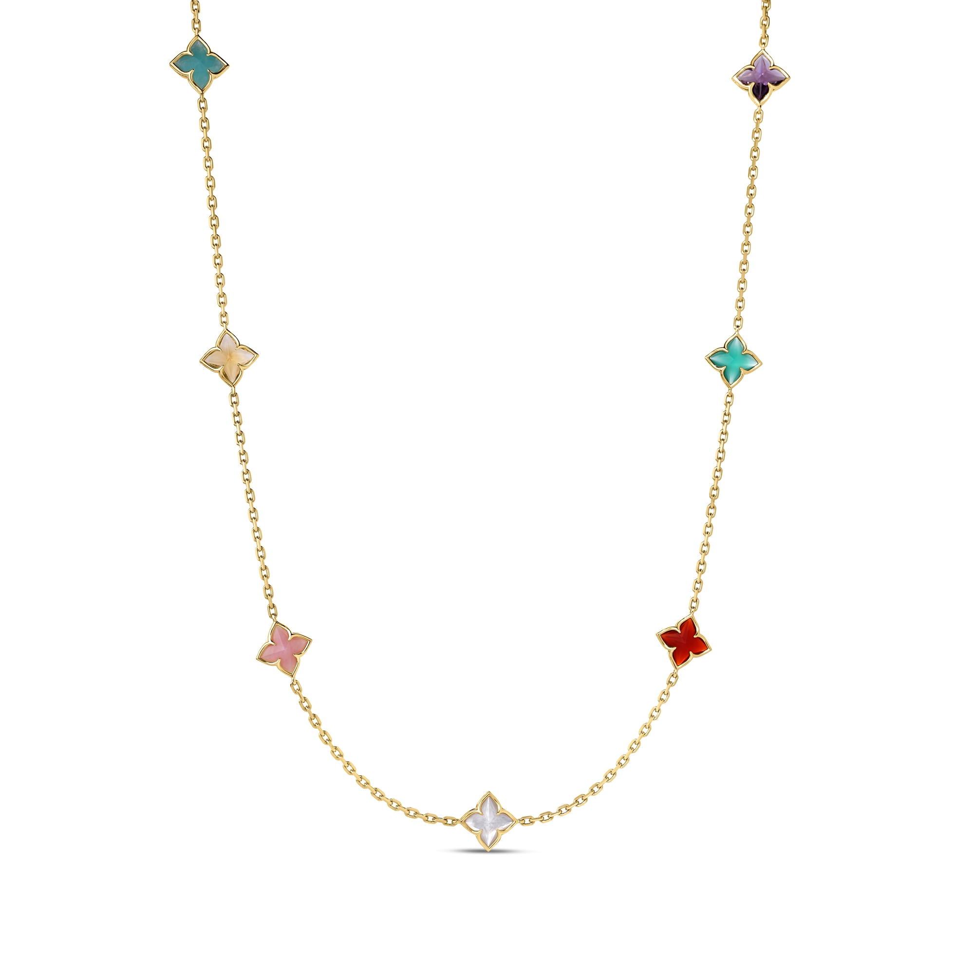 18k Yellow Gold Venetian Princess Carnival Mixed Stones (amazonite, Amethyst, Citrine, Green Agate, Mother Of Pearl, Pink Opal, & Red Agate)  Flower Station Necklace
