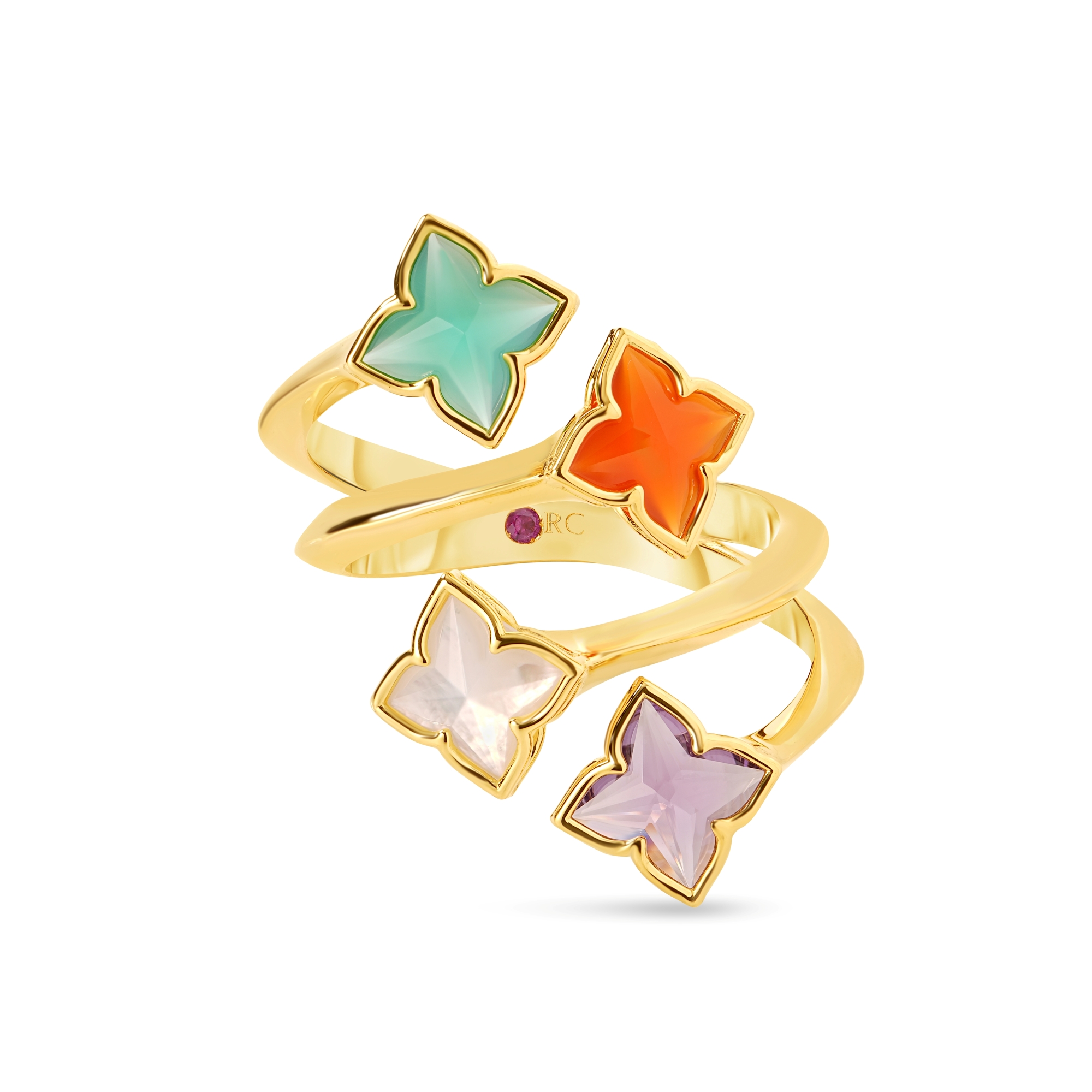 18k Yellow Gold Venetian Princess Carnival Mixed Stones (amethyst, Green Agate, Mother Of Pearl, & Red Agate) 4 Row Flower Ring