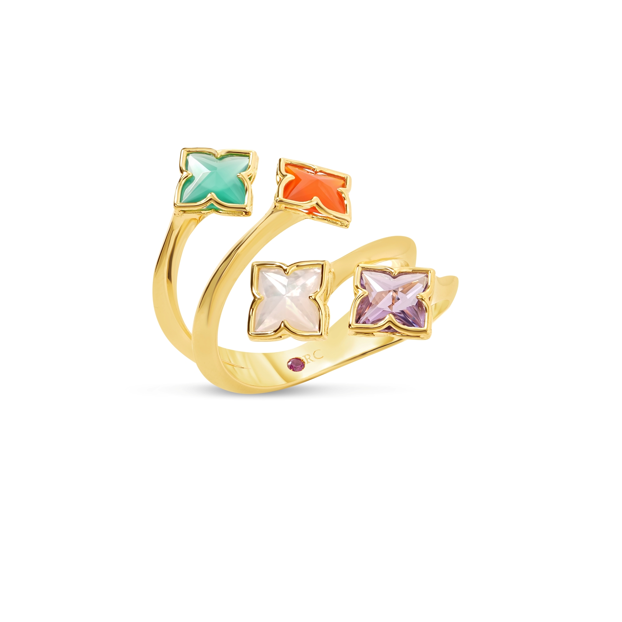 18k Yellow Gold Venetian Princess Carnival Mixed Stones (amethyst, Green Agate, Mother Of Pearl, & Red Agate) 4 Row Flower Ring