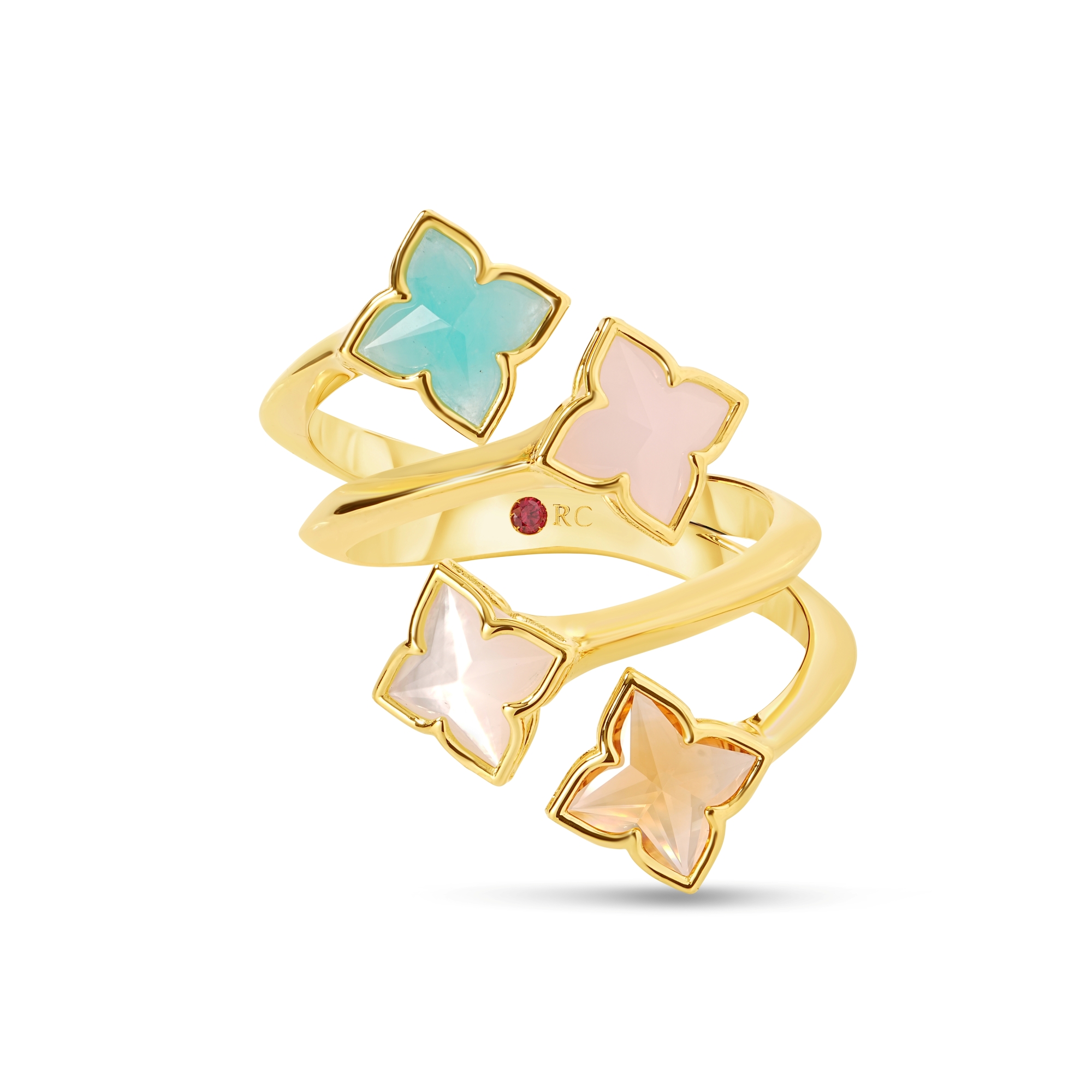 18k Yellow Gold Venetian Princess Carnival Mixed Stones (amazonite, Citrine, Mother Of Pearl, & Pink Opal) 4 Row Flower Ring