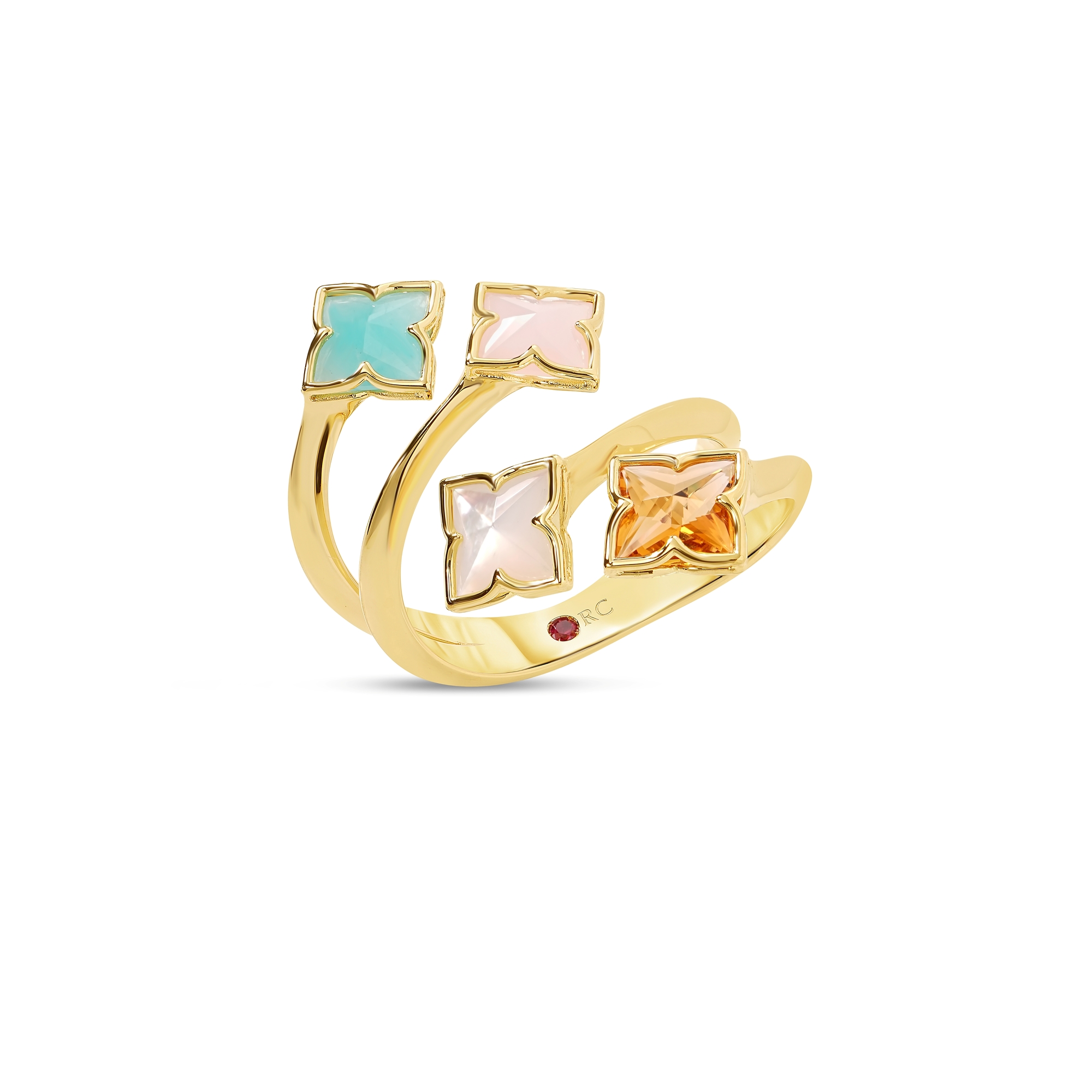 18k Yellow Gold Venetian Princess Carnival Mixed Stones (amazonite, Citrine, Mother Of Pearl, & Pink Opal) 4 Row Flower Ring
