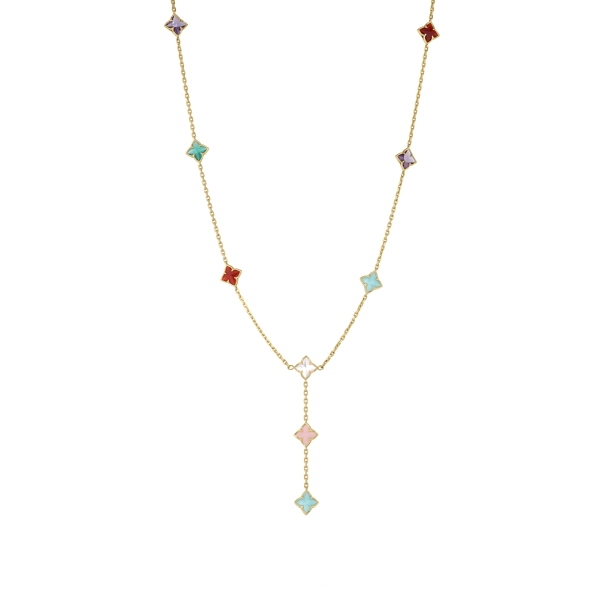 18k Yellow Gold Venetian Princess Mixed Stones (amazonite, Amethyst, Citrine, Green Agate, Mother Of Pearl, Pink Opal, & Red Agate) Flower Station Lariat Necklace