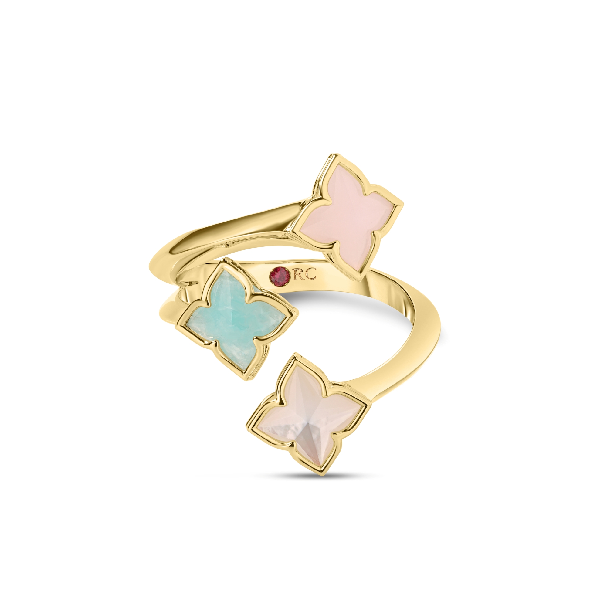 18k Yellow Gold Venetian Princess Carnival Mixed Stones (amazonite, Mother Of Pearl, & Pink Opal) 3 Row Flower Ring