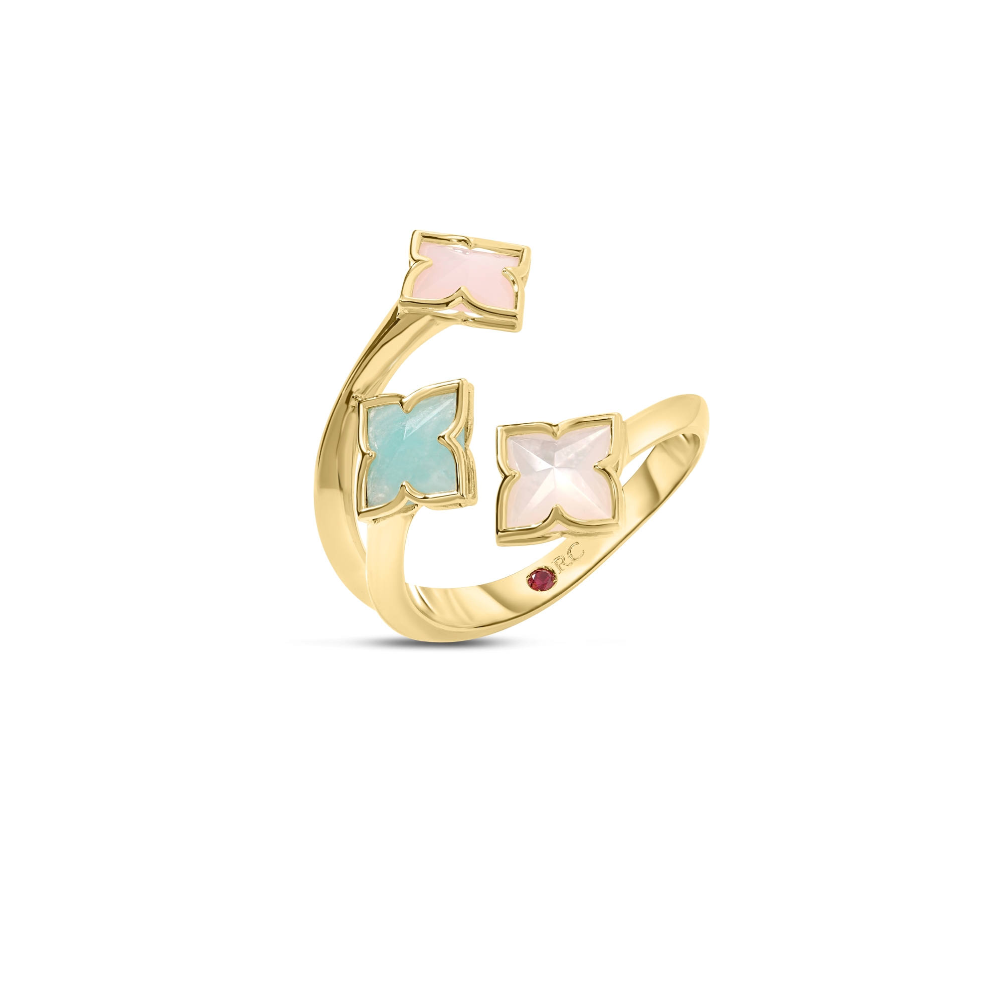 18k Yellow Gold Venetian Princess Carnival Mixed Stones (amazonite, Mother Of Pearl, & Pink Opal) 3 Row Flower Ring