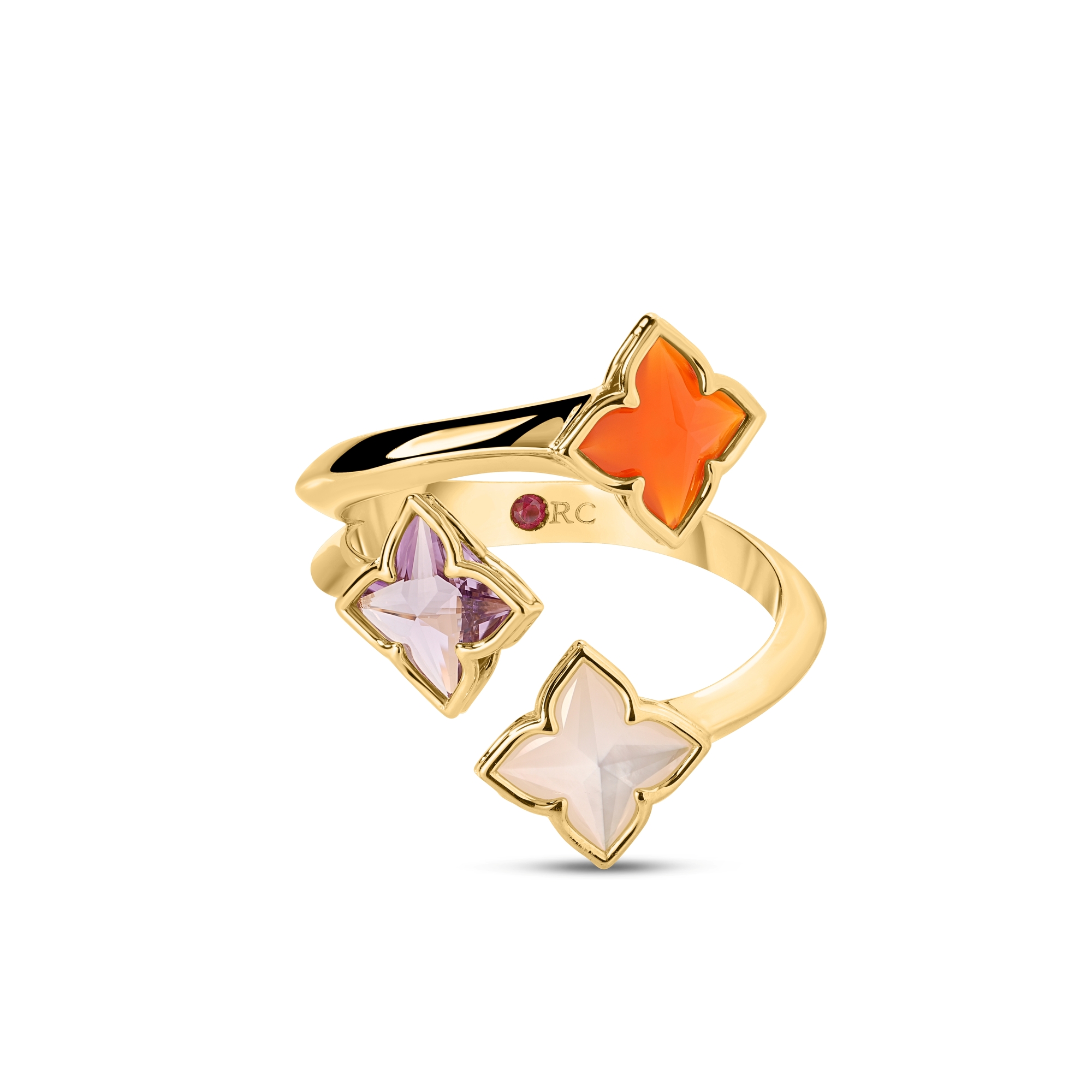 18k Yellow Gold Venetian Princess Carnival Mixed Stones (amethyst, Mother Of Pearl, & Red Agate) 3 Row Flower Ring