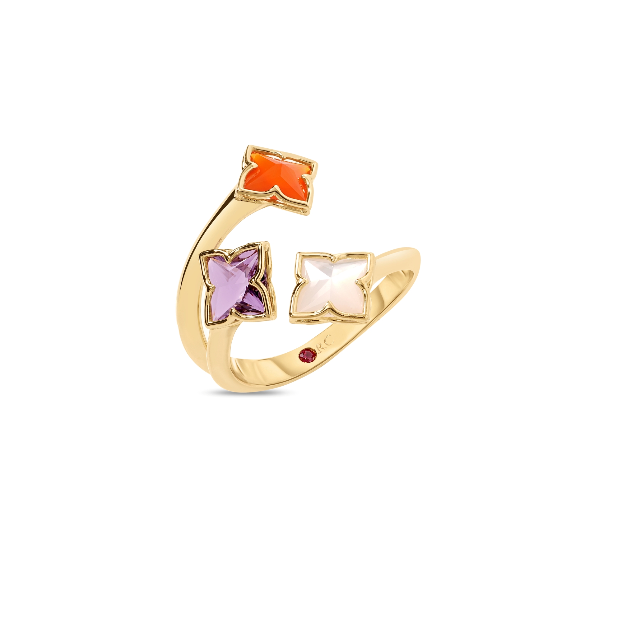 18k Yellow Gold Venetian Princess Carnival Mixed Stones (amethyst, Mother Of Pearl, & Red Agate) 3 Row Flower Ring