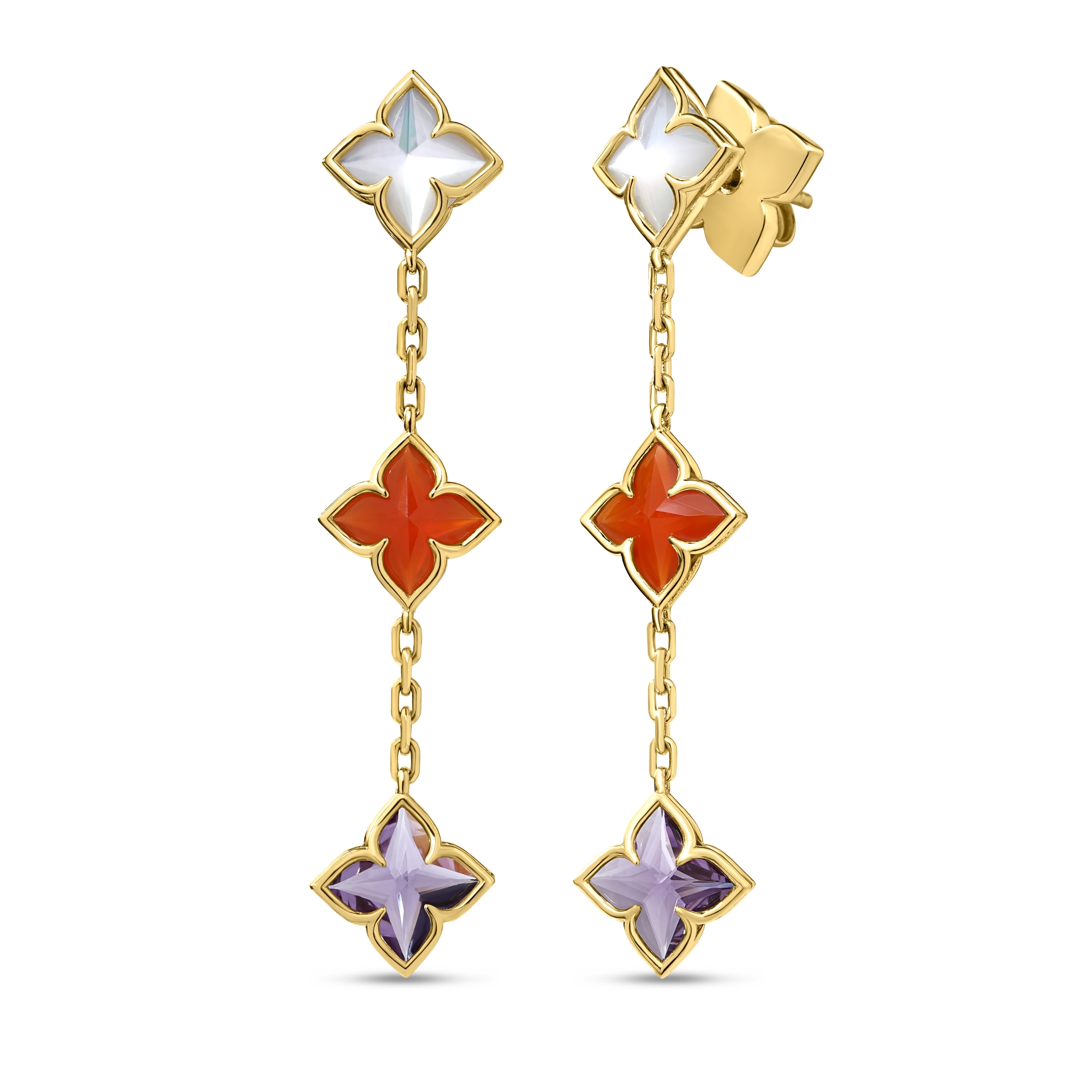 18k Yellow Gold Venetian Princess Carnival Mixed Stones (amethyst, Mother Of Pearl, & Red Agate) Flower Dangle Earrings 