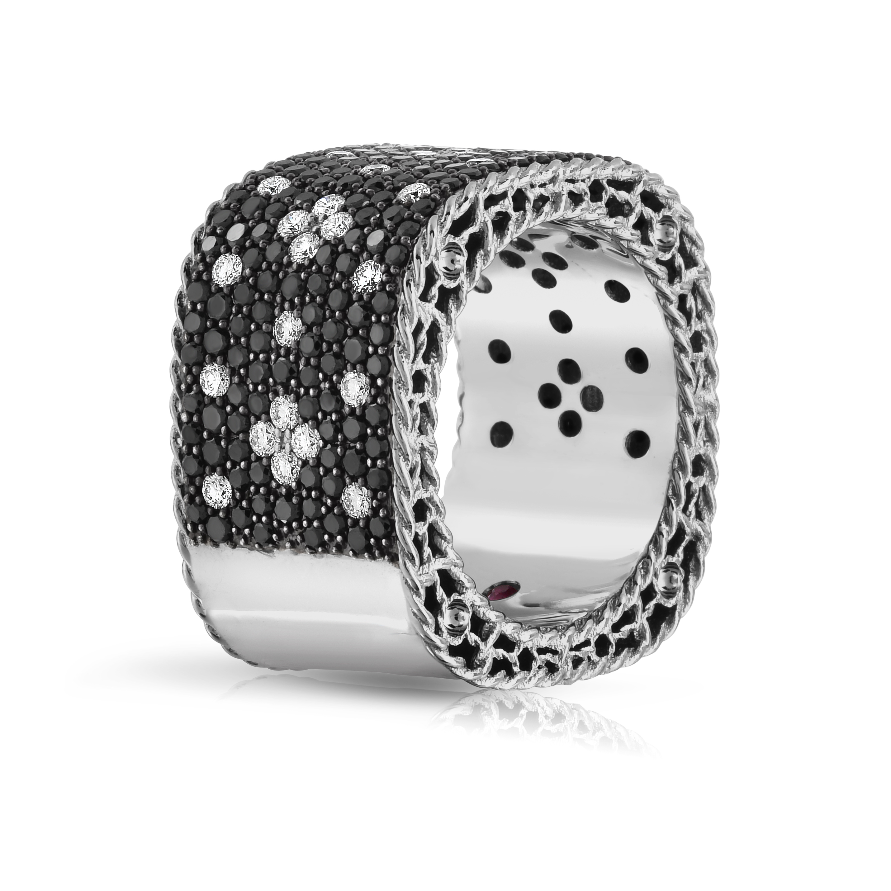 18k White Gold Venetian Princess Pave Black & White Diamond Wide Ring