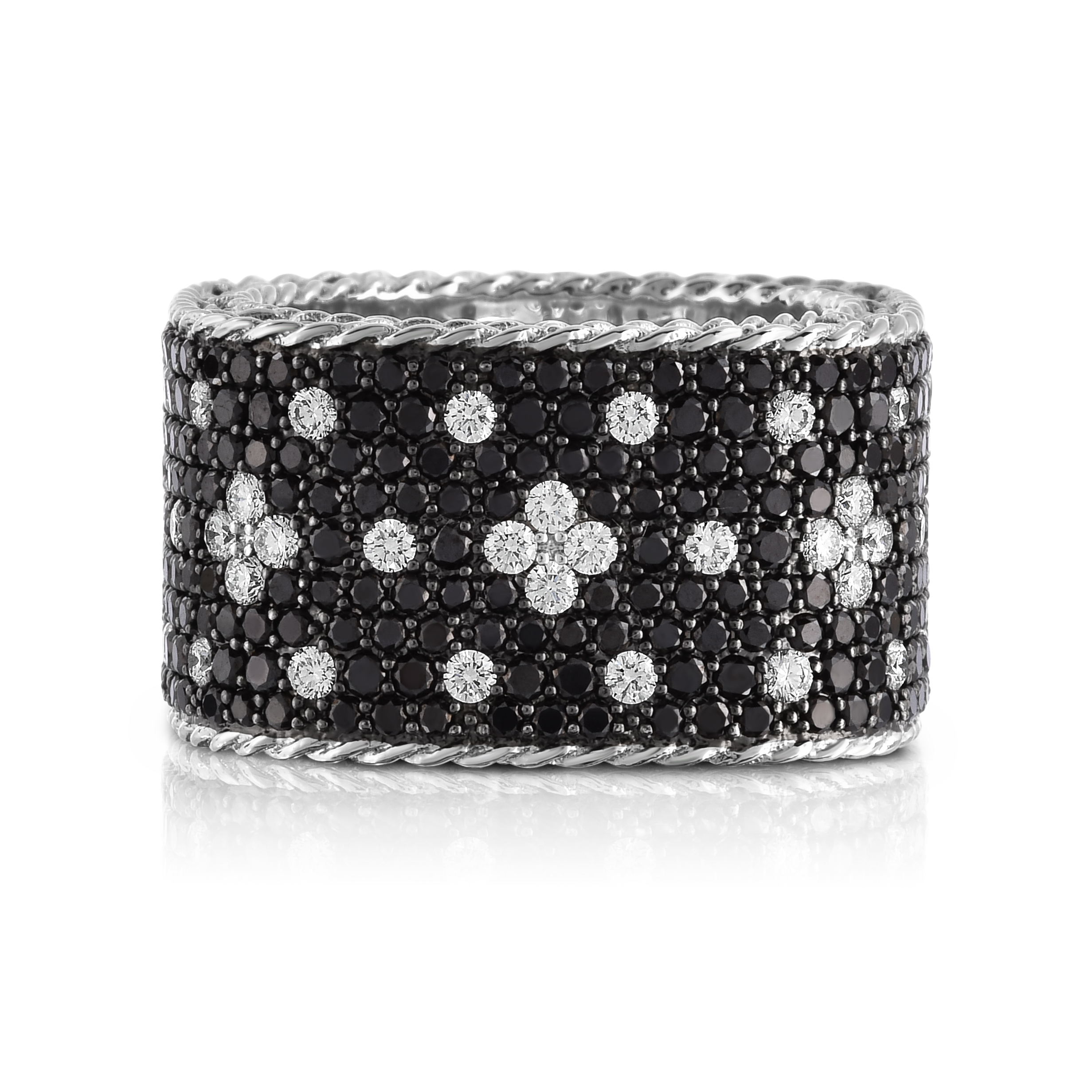 18k White Gold Venetian Princess Pave Black & White Diamond Wide Ring