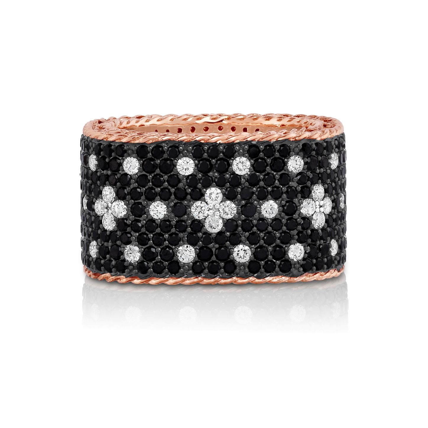 18k Rose Gold Venetian Princess Pave Black & White Diamond Wide Ring