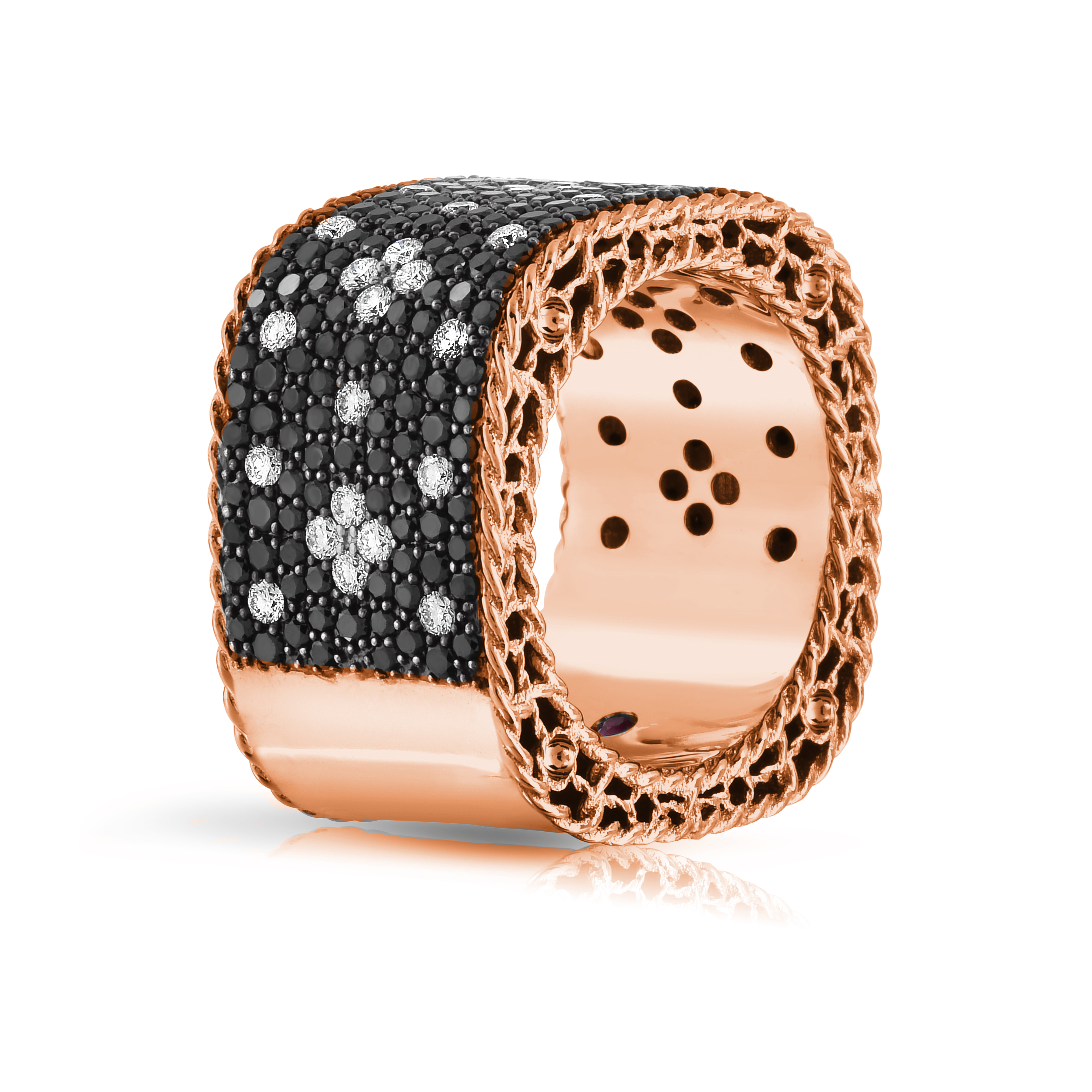 18k Rose Gold Venetian Princess Pave Black & White Diamond Wide Ring