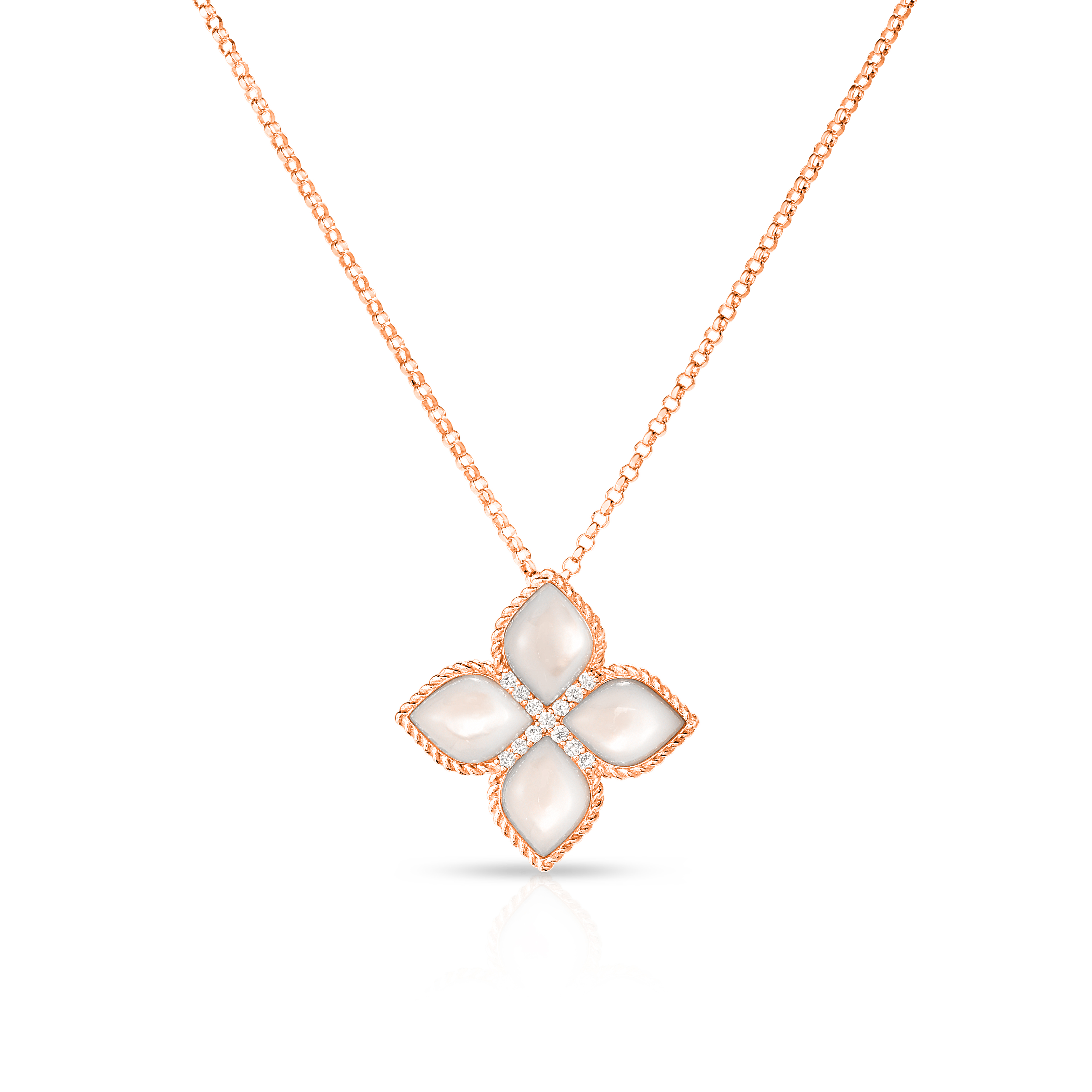 18k Rose Gold Venetian Princess Large Diamond & Mother Of Pearl Flower Necklace
