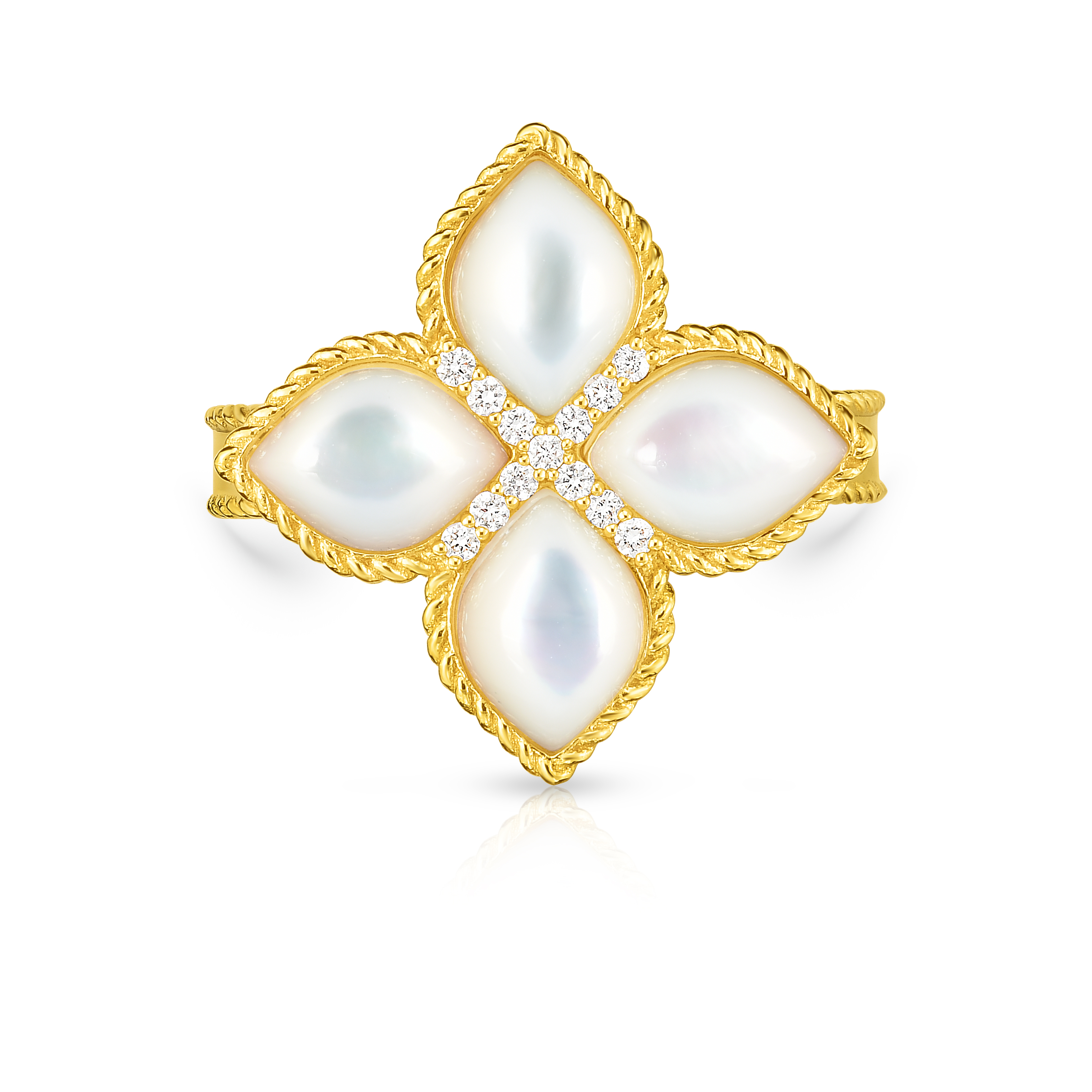 18k Yellow Gold Venetian Princess Large Diamond & Mother Of Pearl Flower Ring