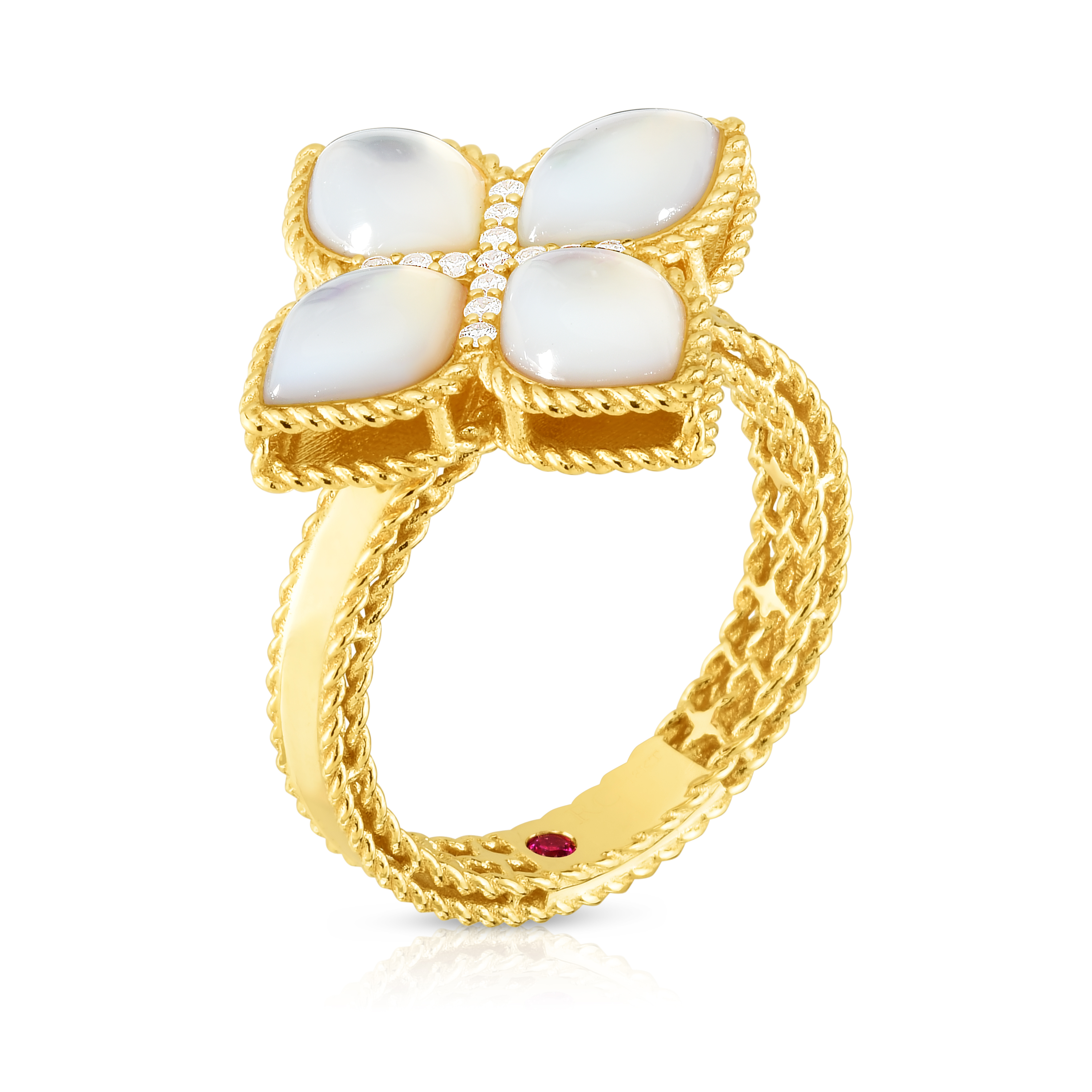 18k Yellow Gold Venetian Princess Large Diamond & Mother Of Pearl Flower Ring