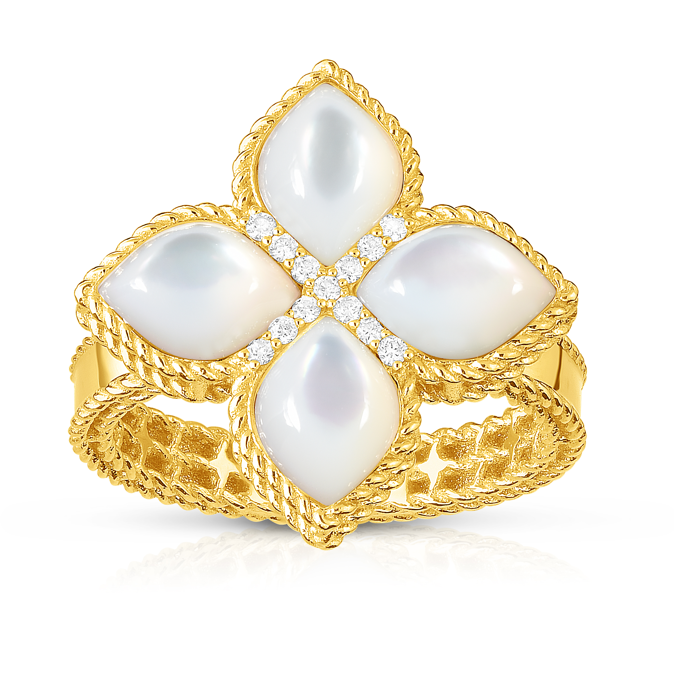 18k Yellow Gold Venetian Princess Large Diamond & Mother Of Pearl Flower Ring