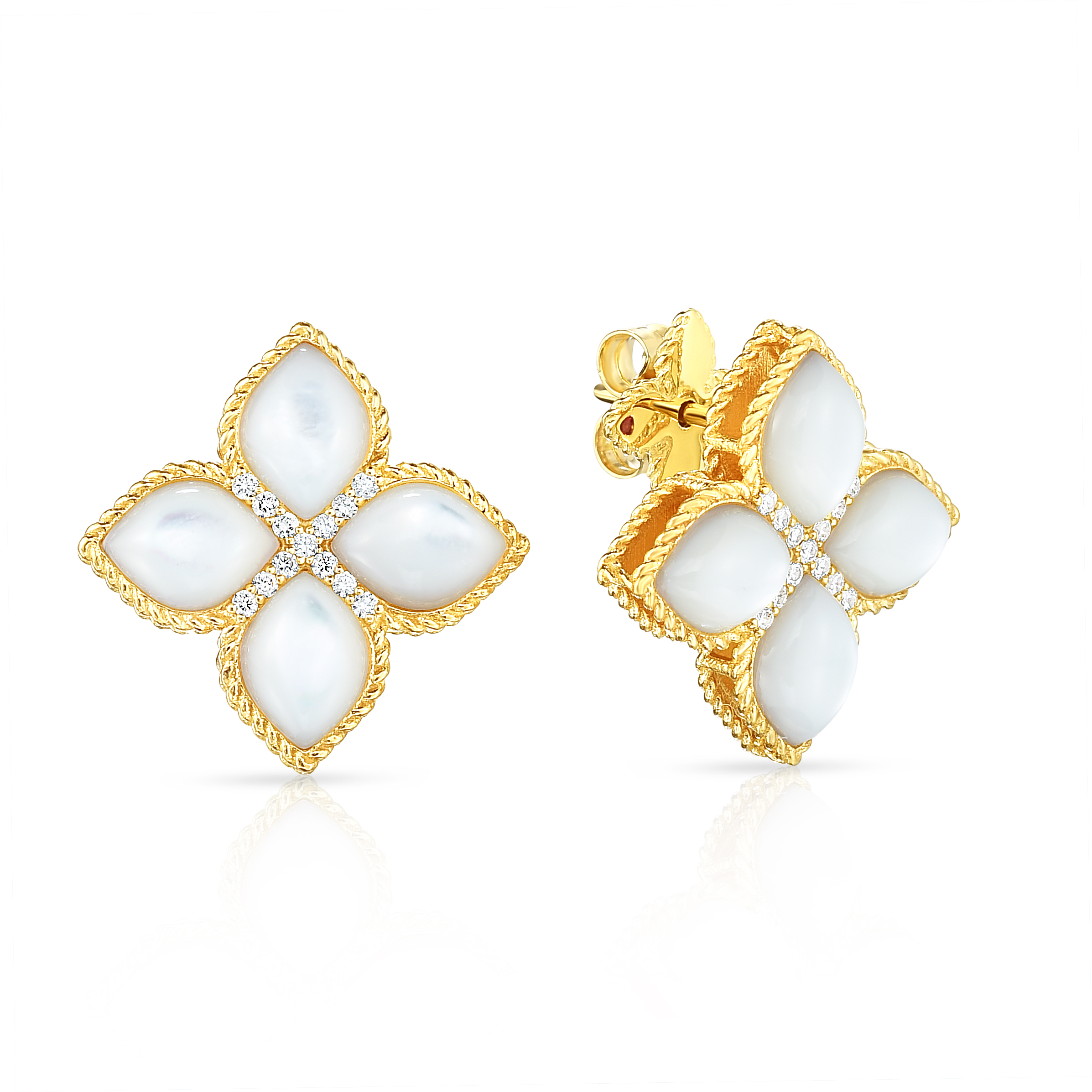18k Yellow Gold Venetian Princess Large Diamond & Mother Of Pearl Flower Stud Earrings