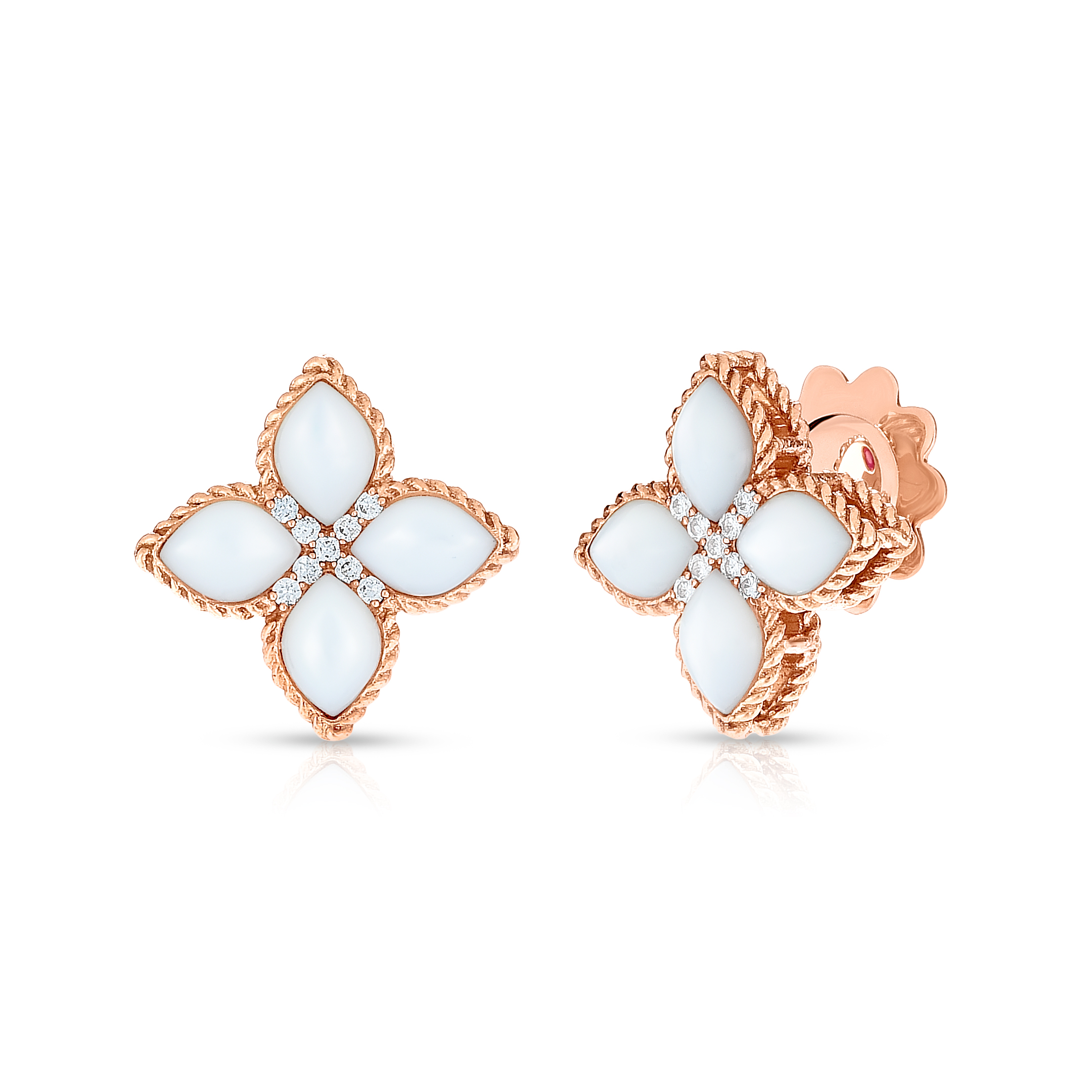 18k Rose Gold Venetian Princess Medium Diamond & Mother Of Pearl Flower Stud Earrings