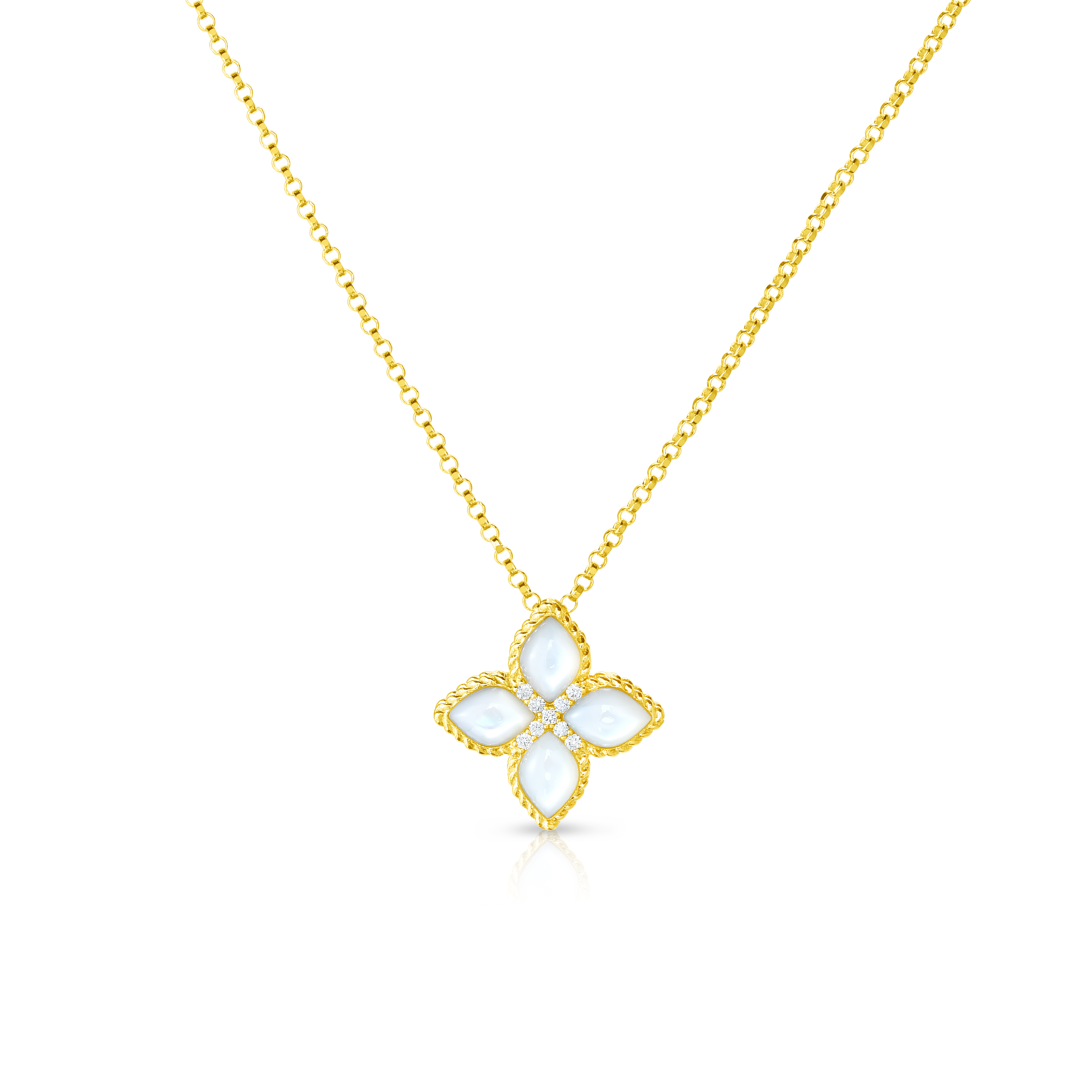 18k Yellow Gold Venetian Princess Medium Diamond & Mother Of Pearl Flower Necklace