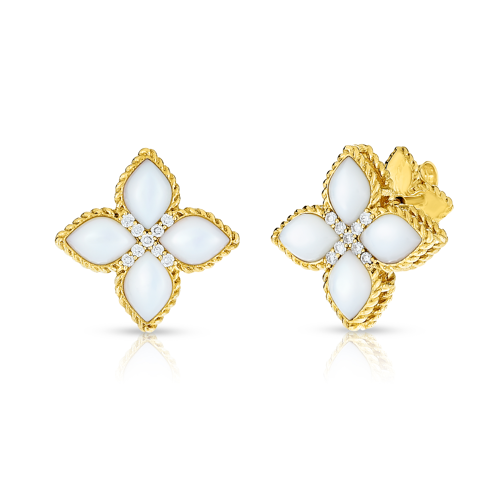 18k Yellow Gold Venetian Princess Medium Diamond & Mother Of Pearl Flower Stud Earrings