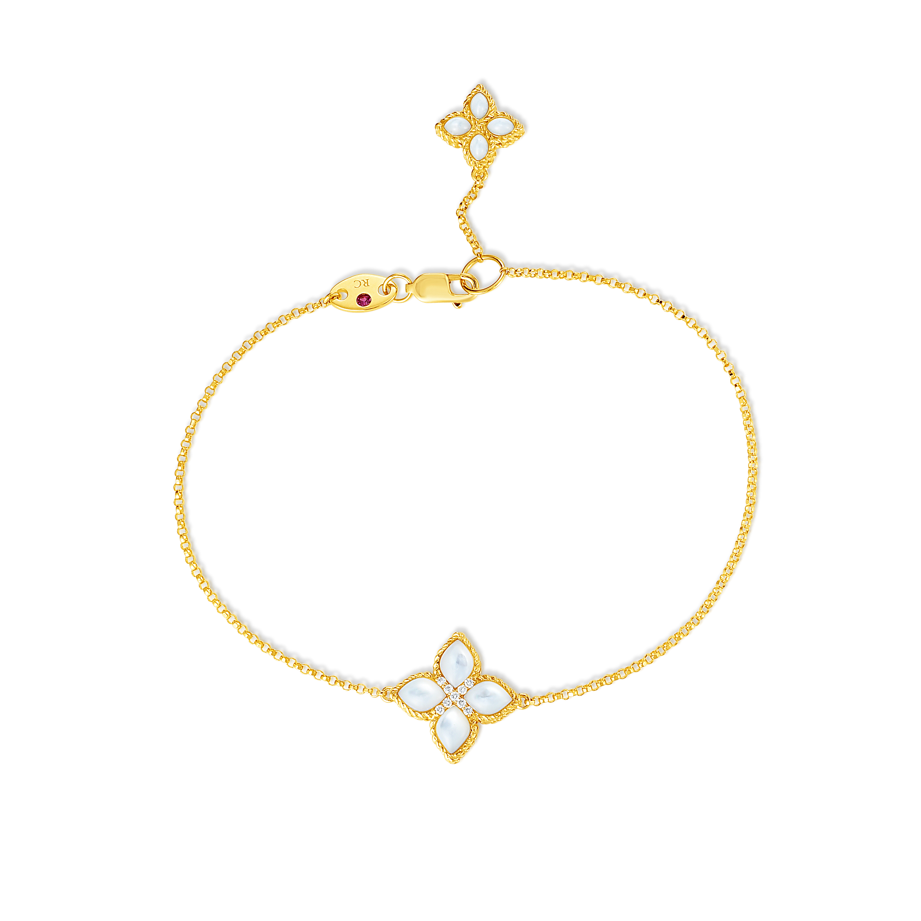 18k Yellow Gold Venetian Princess Large Diamond & Mother Of Pearl Flower Bracelet