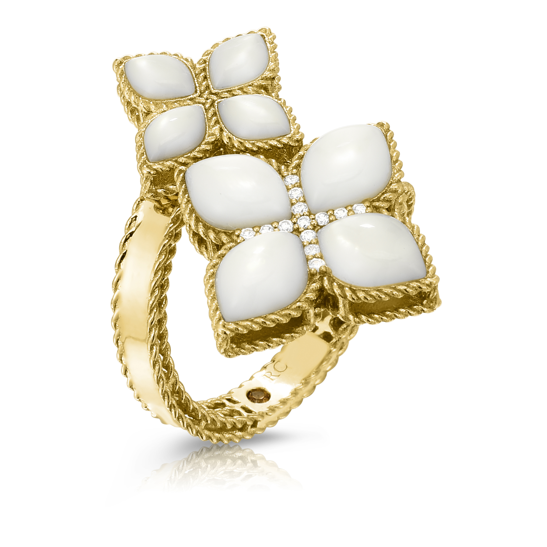 18k Yellow/white Gold Venetian Princess Medium Diamond & Mother Of Pearl Flower Bypass Ring