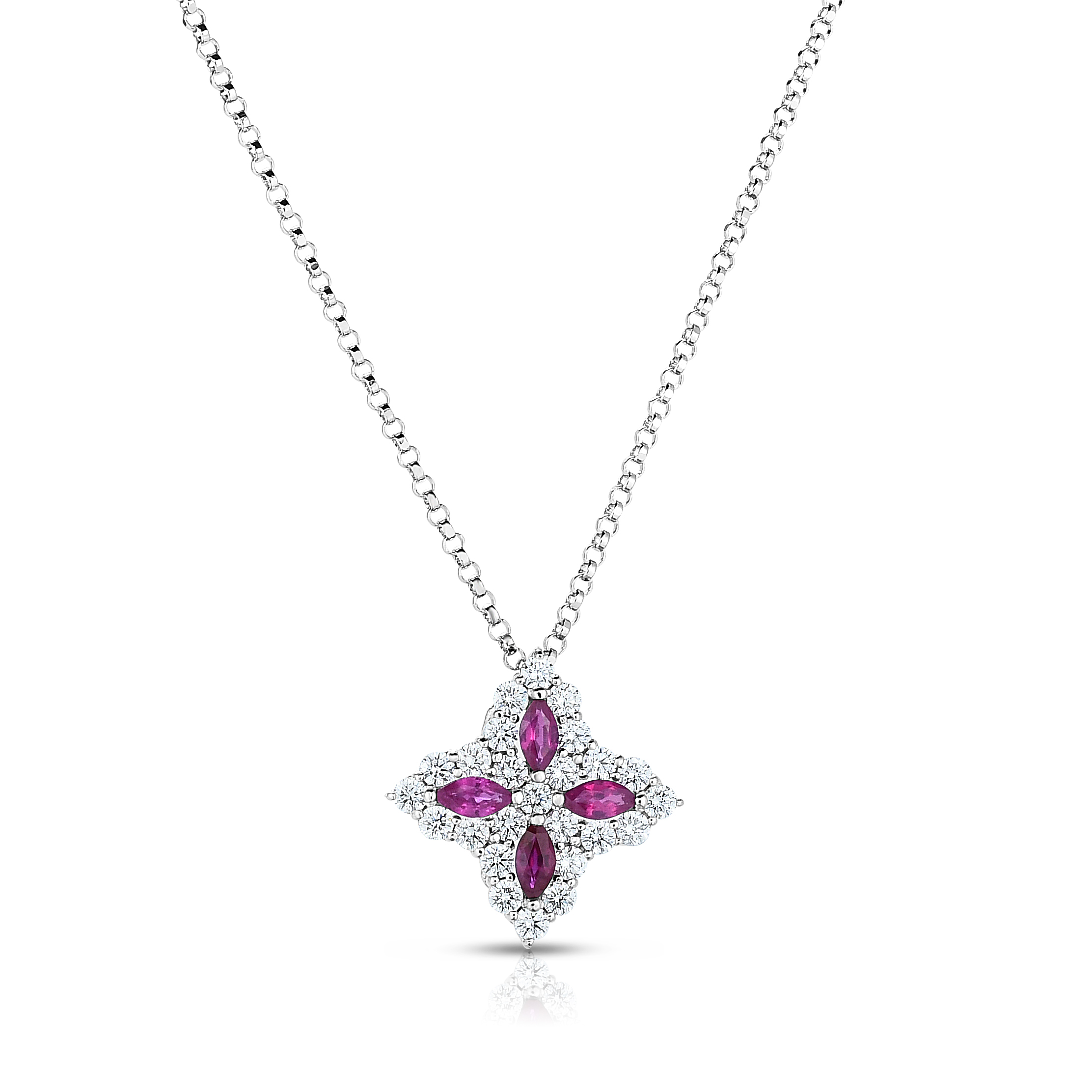 18k White Gold Diamond Princess Medium Diamond & Ruby Necklace