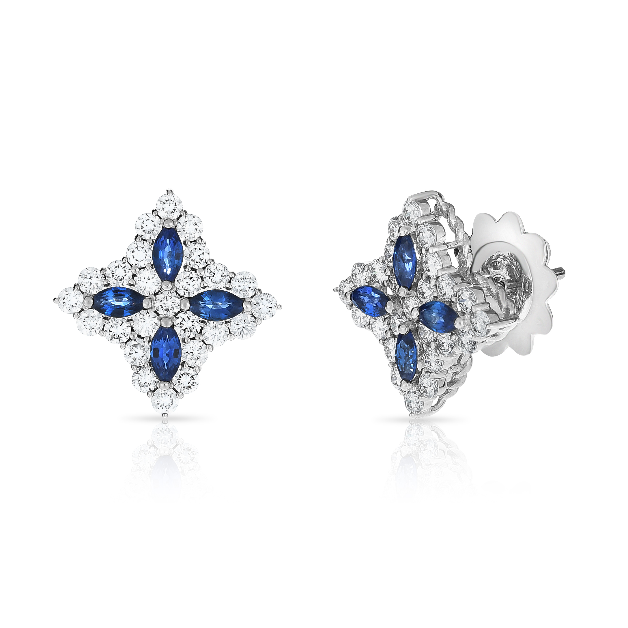 18k White Gold Diamond Princess Medium Diamond & Blue Sapphire Stud Earrings