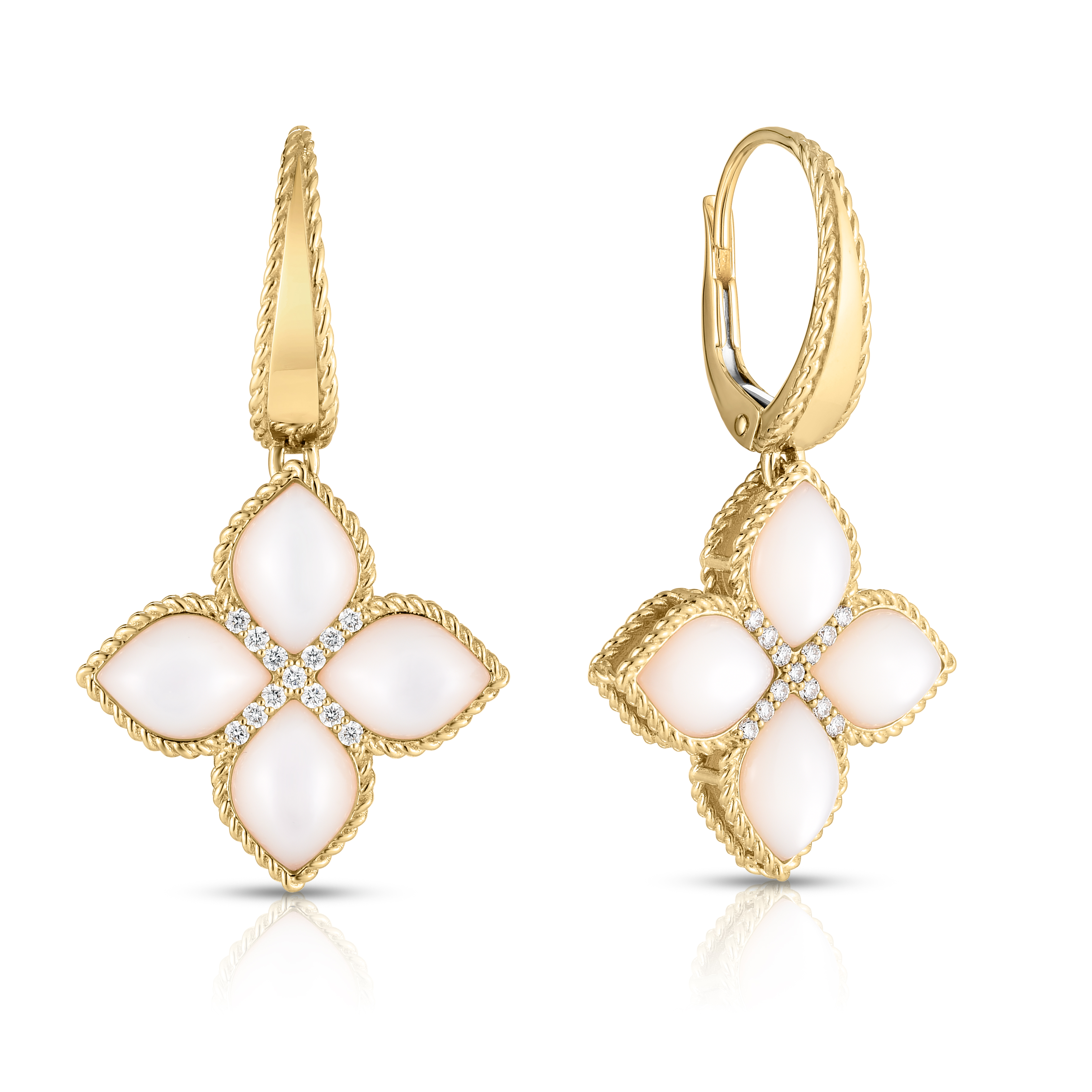 18k Yellow Gold Venetian Princess Large Diamond & Mother Of Pearl Flower Drop Earrings