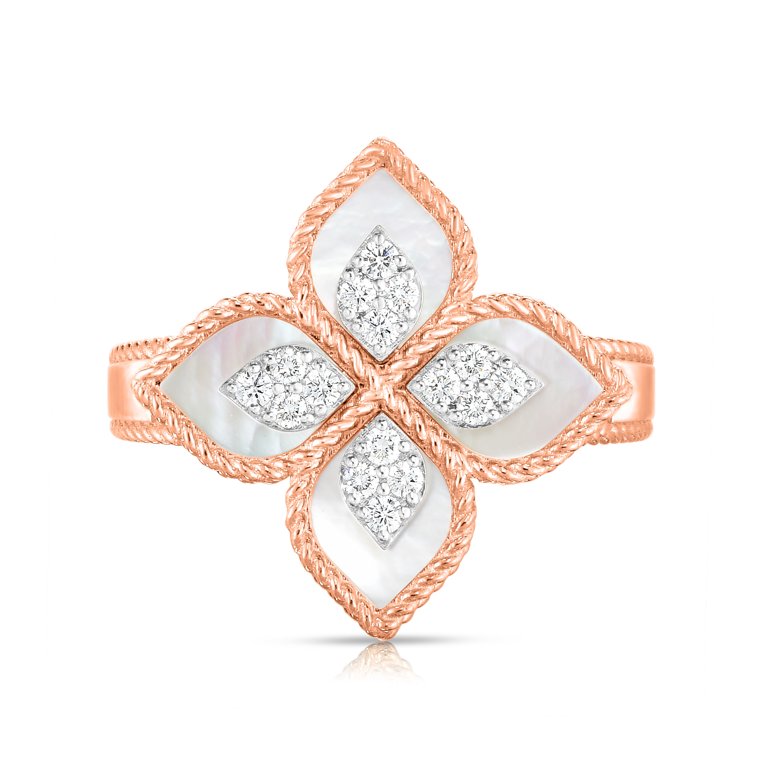 18k Rose/white Gold Venetian Princess Diamond & Mother Of Pearl Flower Ring