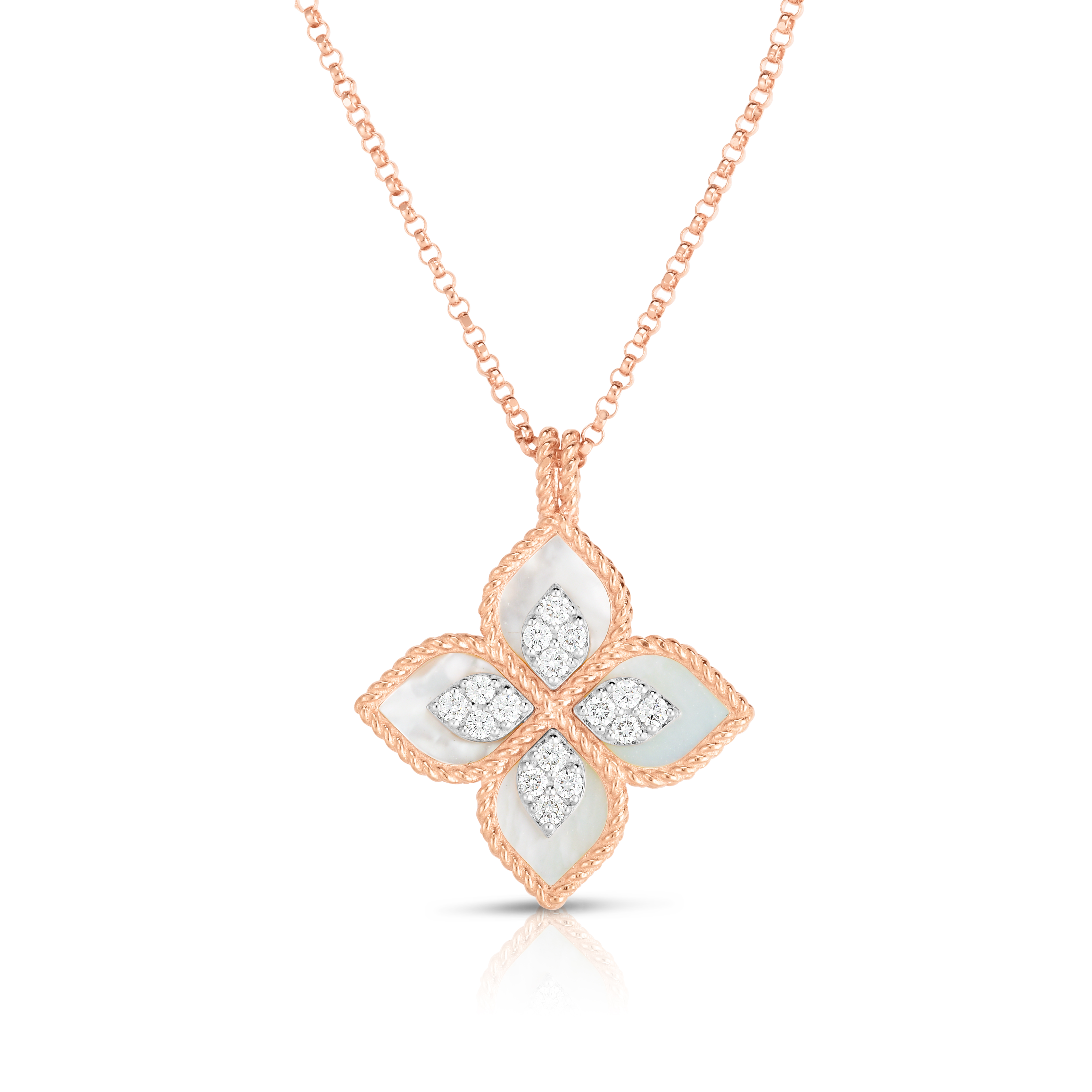 18k Rose/white Gold Venetian Princess Diamond & Mother Of Pearl Flower Necklace