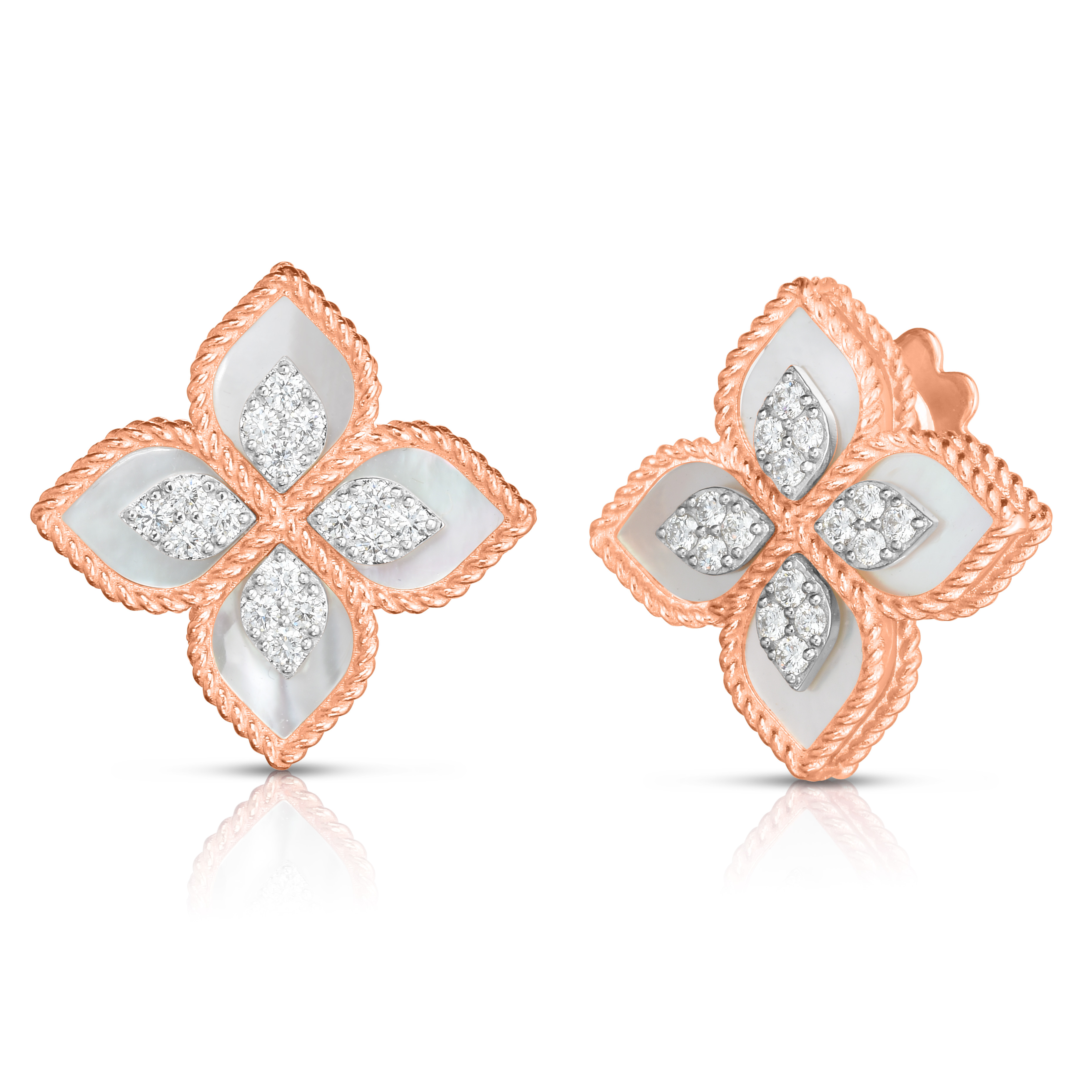 18k Rose/white Gold Venetian Princess Diamond & Mother Of Pearl Stud Flower Earrings