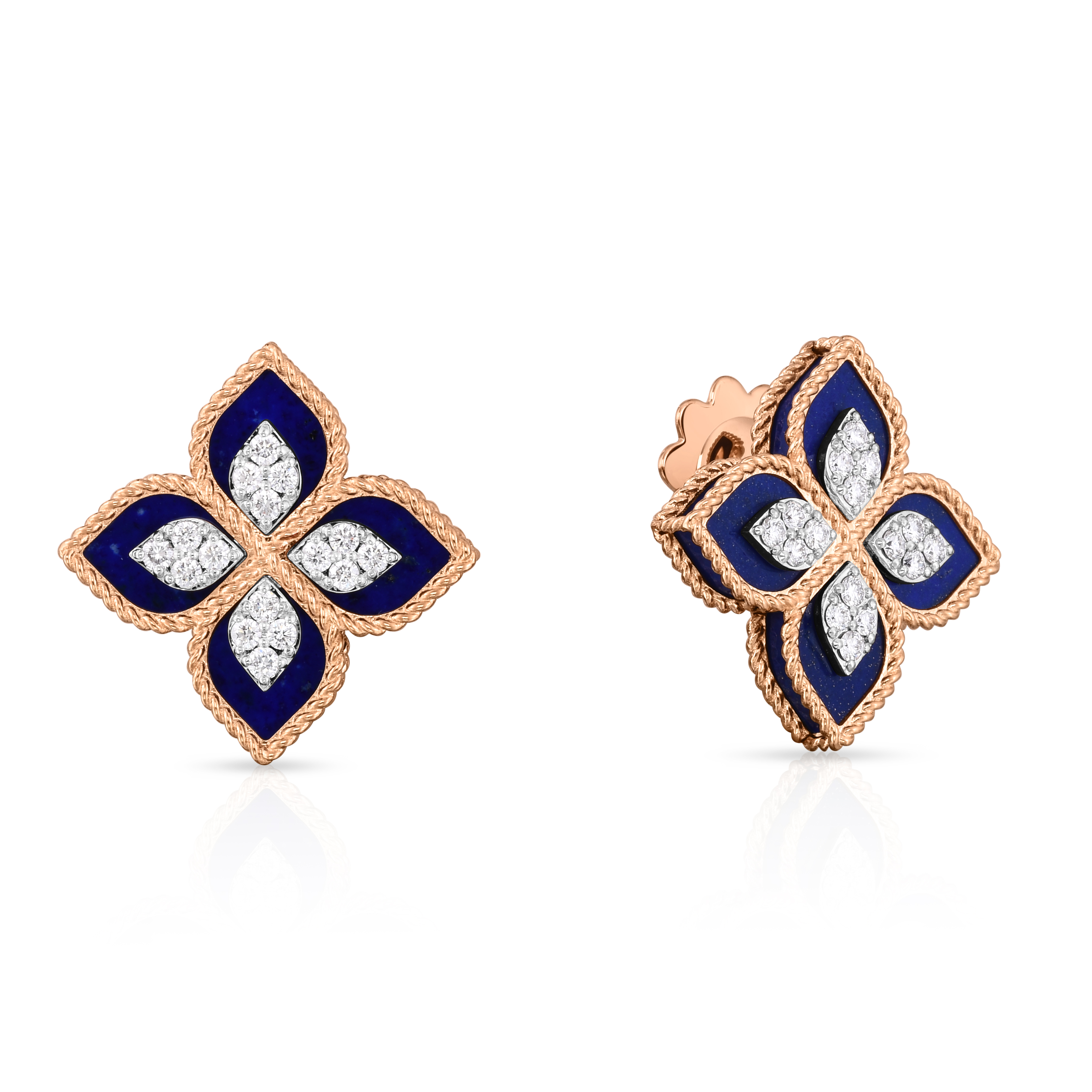 18k Rose/white Gold Venetian Princess Diamond & Lapis Flower Stud Earrings