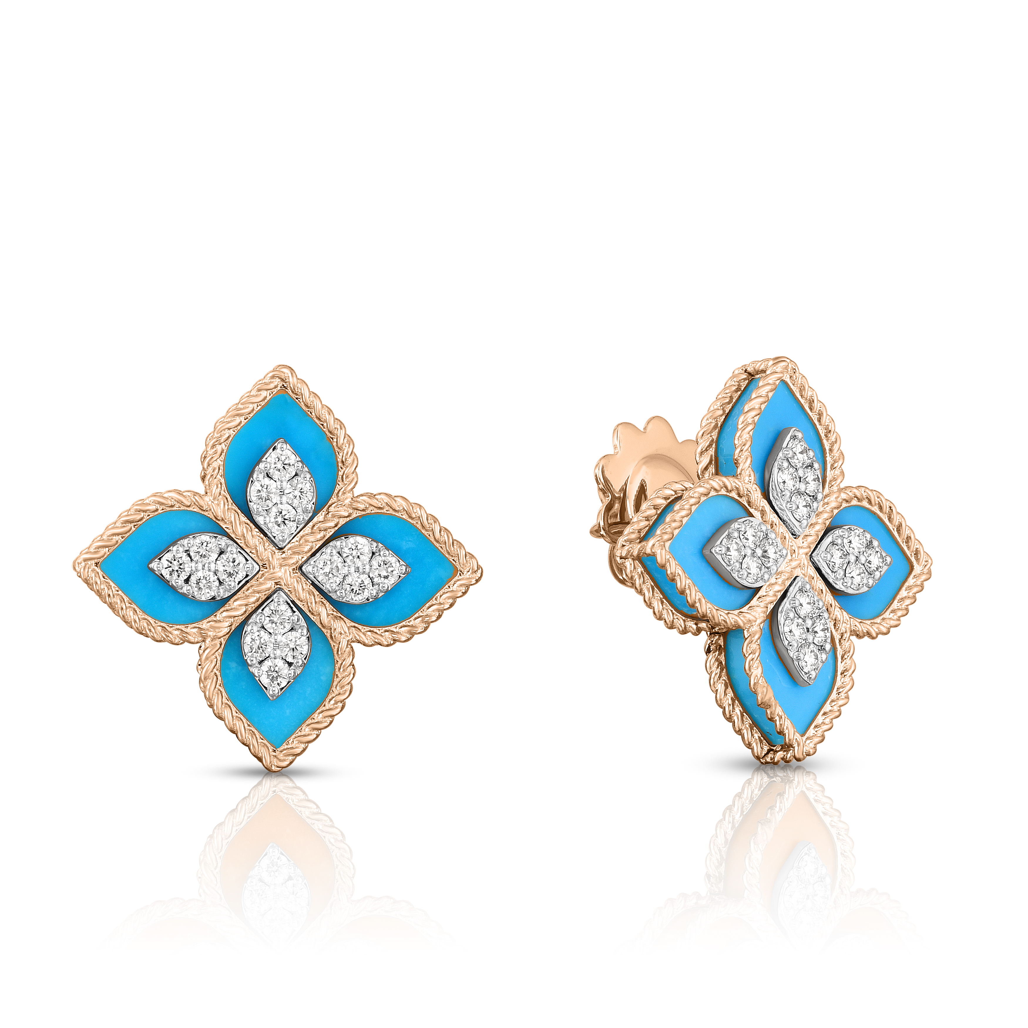 18k Rose/white Gold Venetian Princess Diamond & Turquoise Flower Earrings
