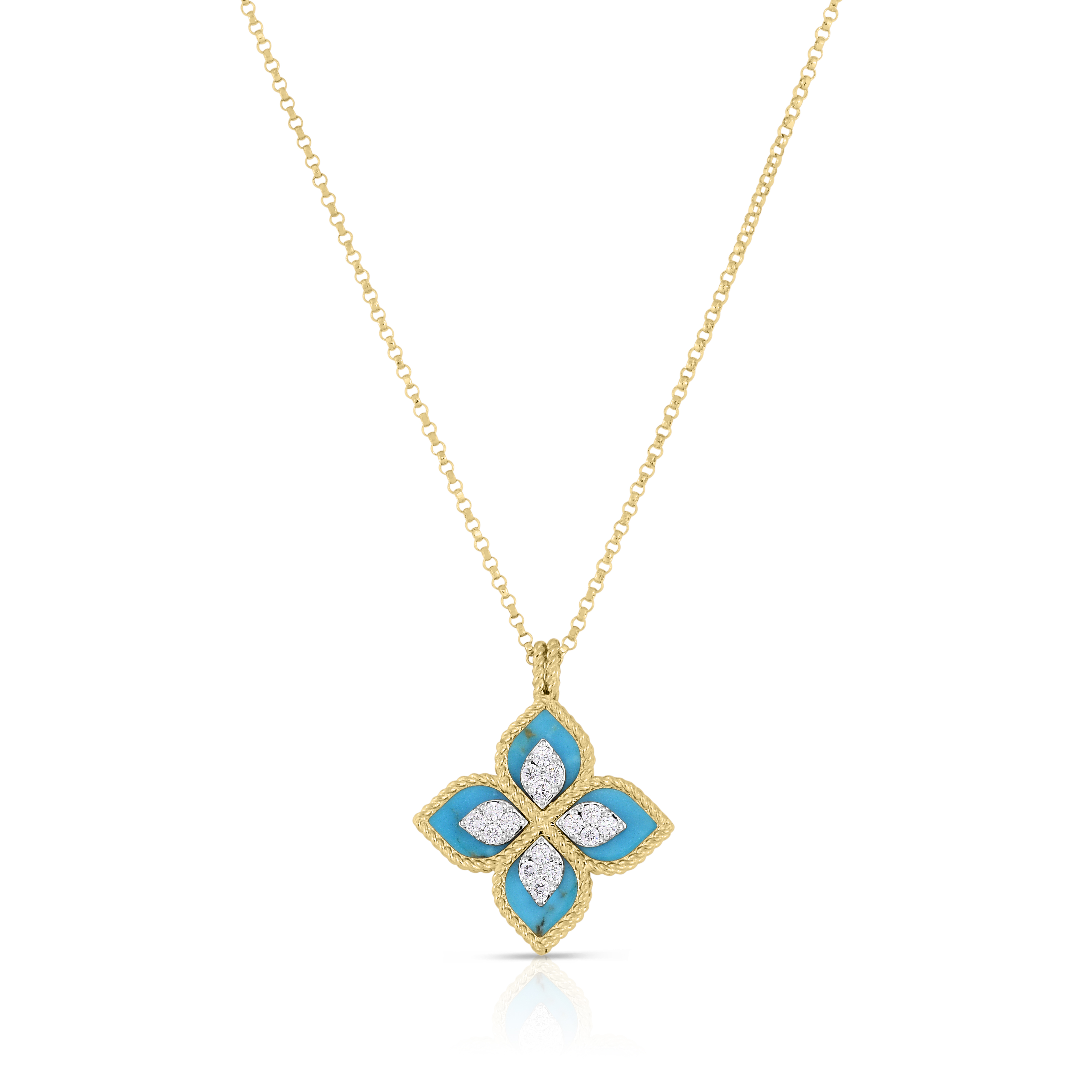 18k Yellow/white Gold Venetian Princess Diamond & Turquoise Flower Necklace