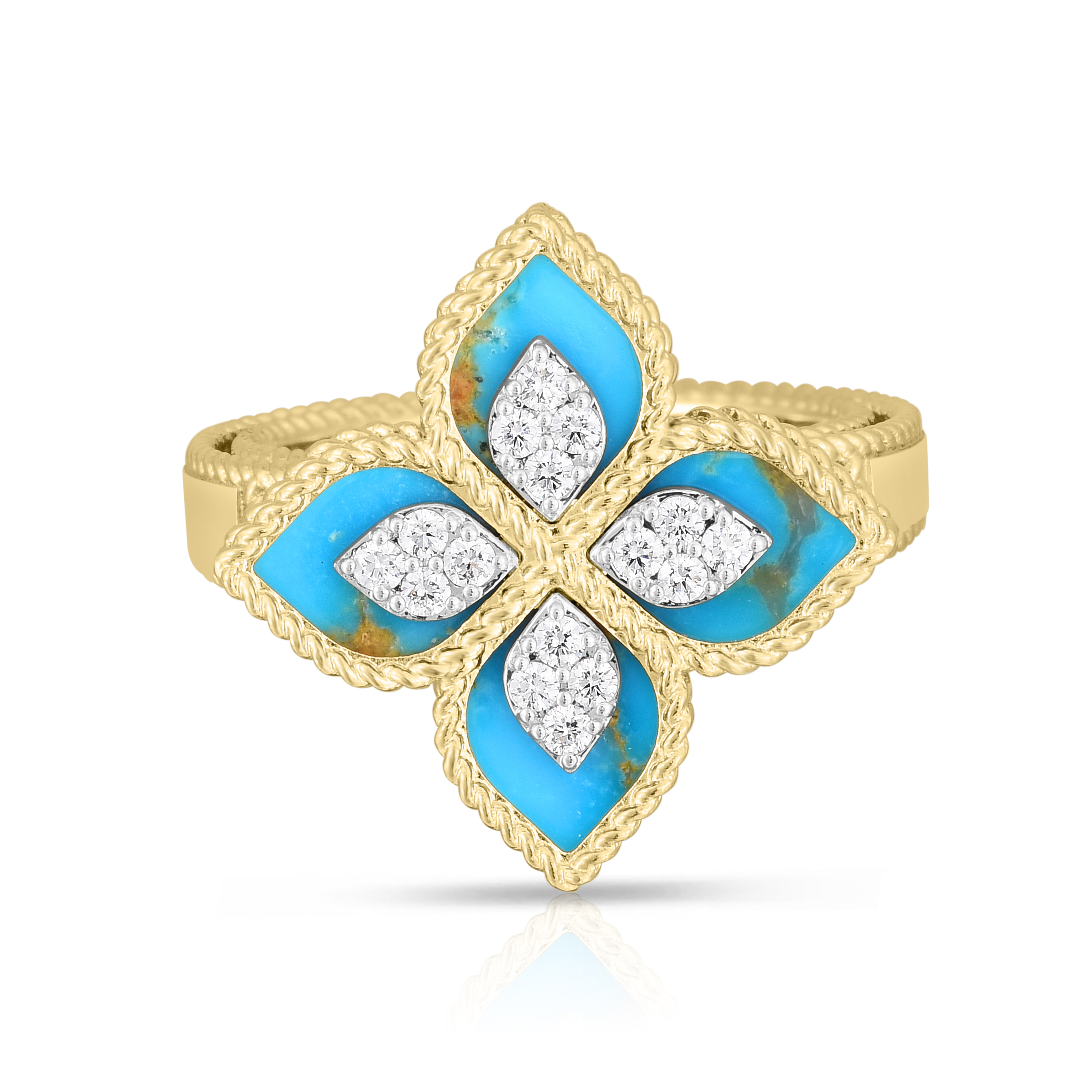18k Yellow/white Gold Venetian Princess Diamond & Turquoise Flower Ring
