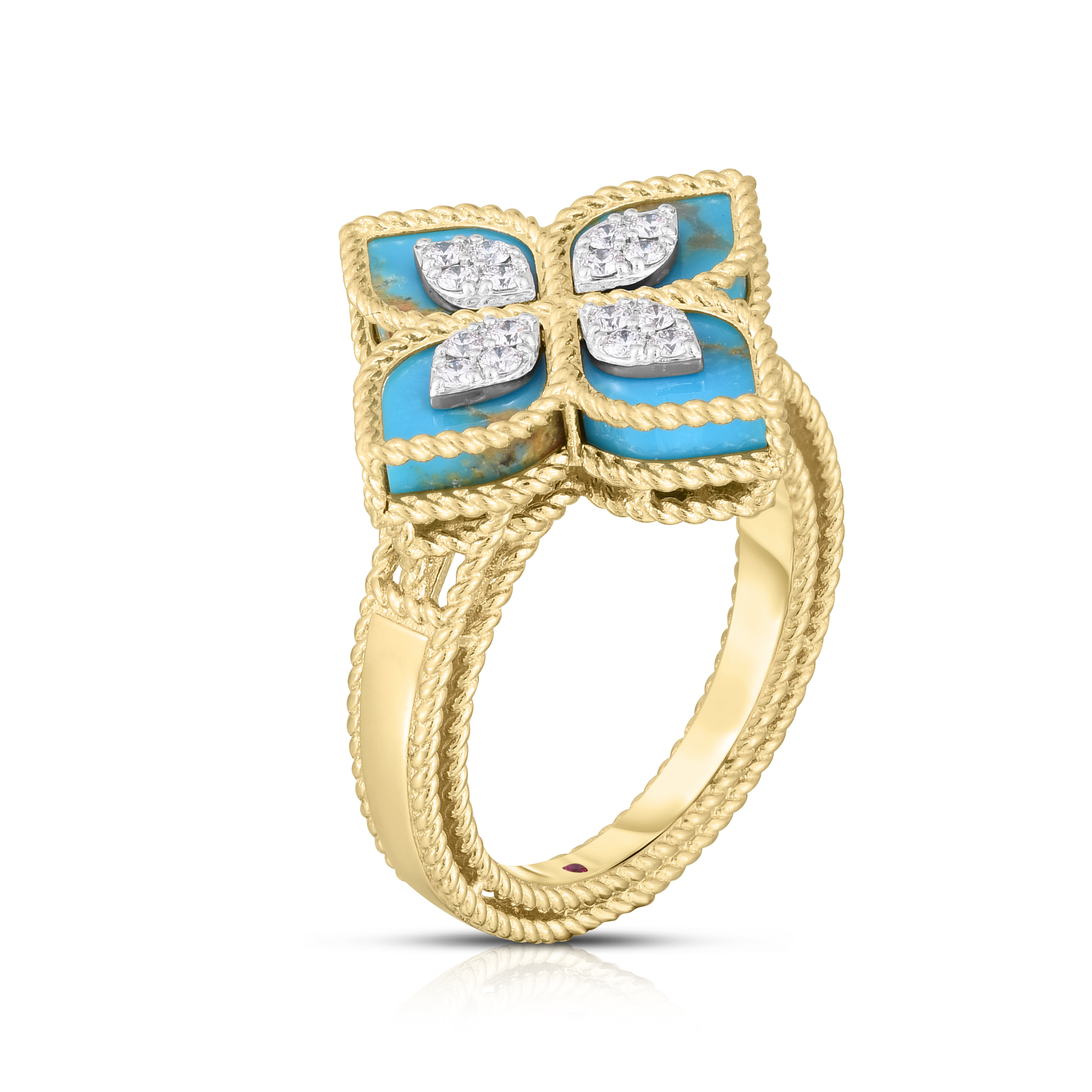 18k Yellow/white Gold Venetian Princess Diamond & Turquoise Flower Ring
