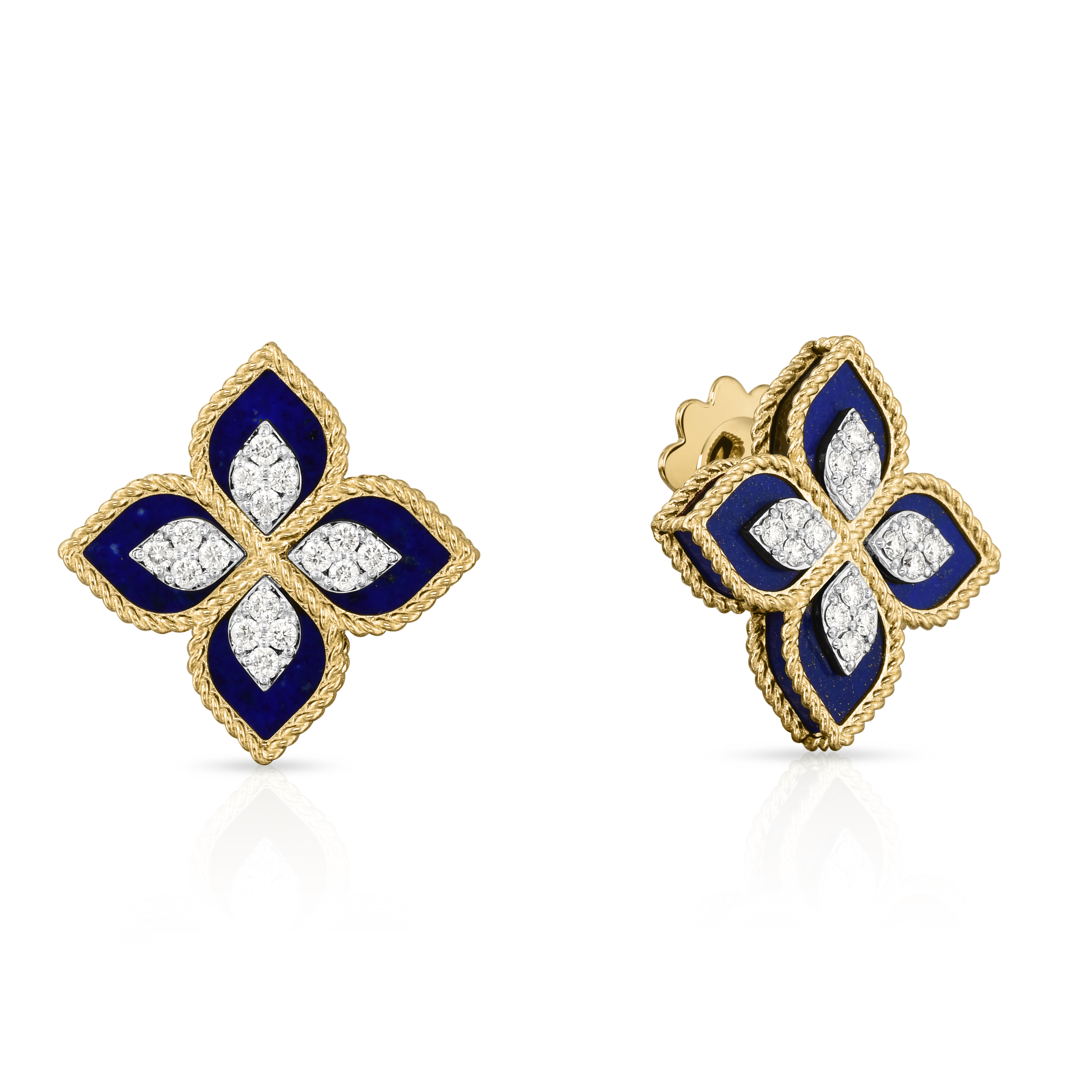 18k Yellow/white Gold Venetian Princess Diamond & Lapis Flower Stud Earrings