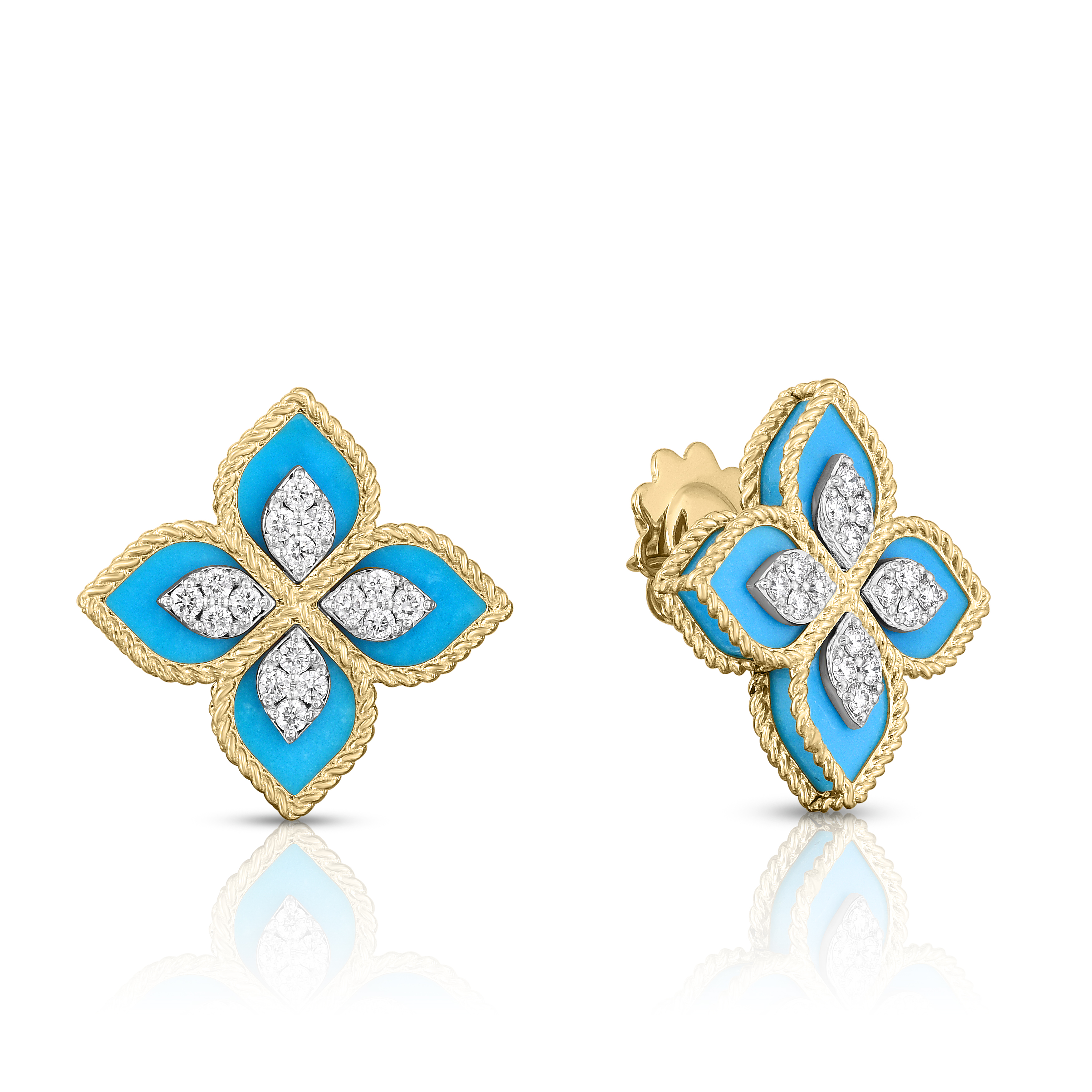 18k Yellow/white Gold Venetian Princess Diamond & Turquoise Flower Stud Earrings