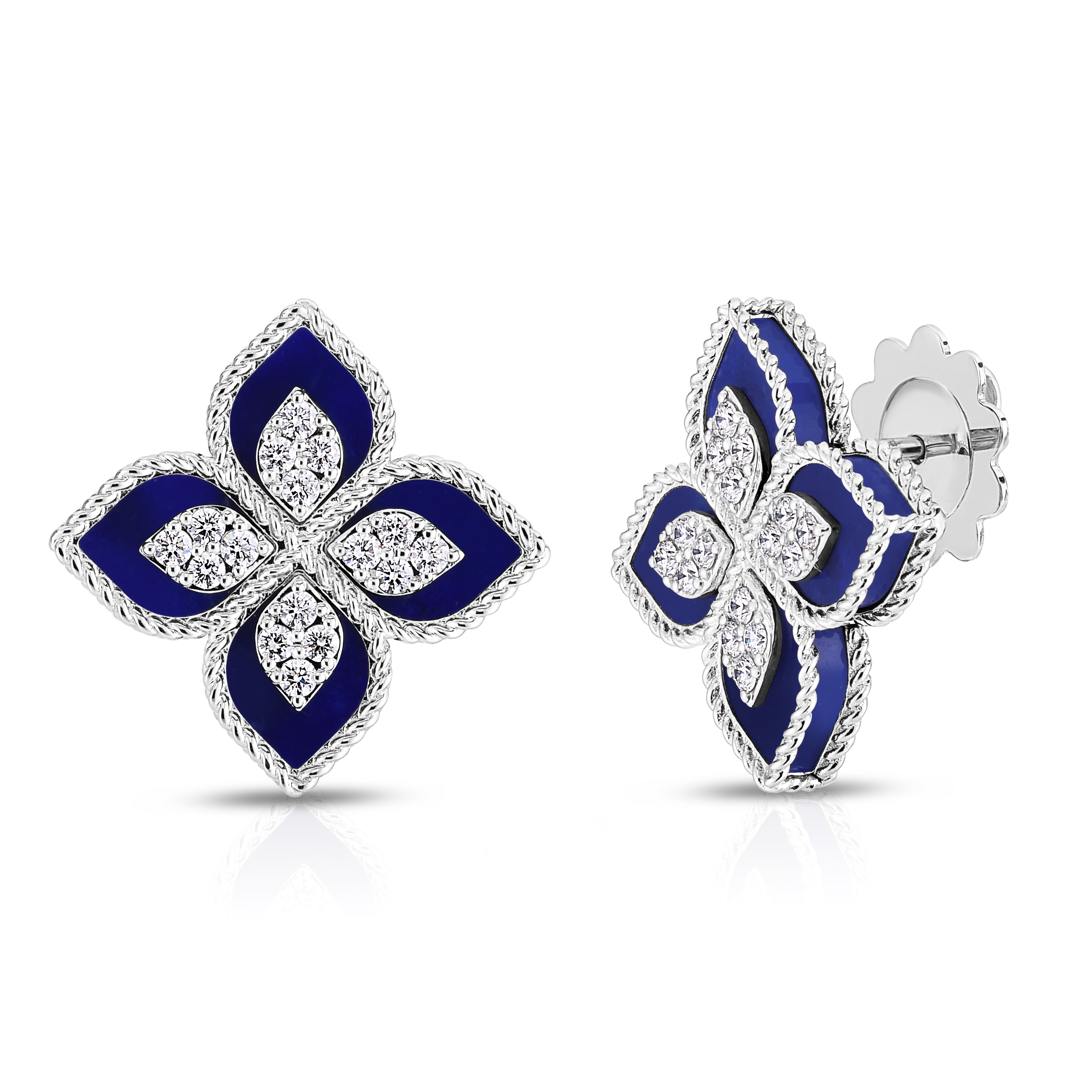 18k White Gold Venetian Princess Diamond & Lapis Flower Stud Earrings