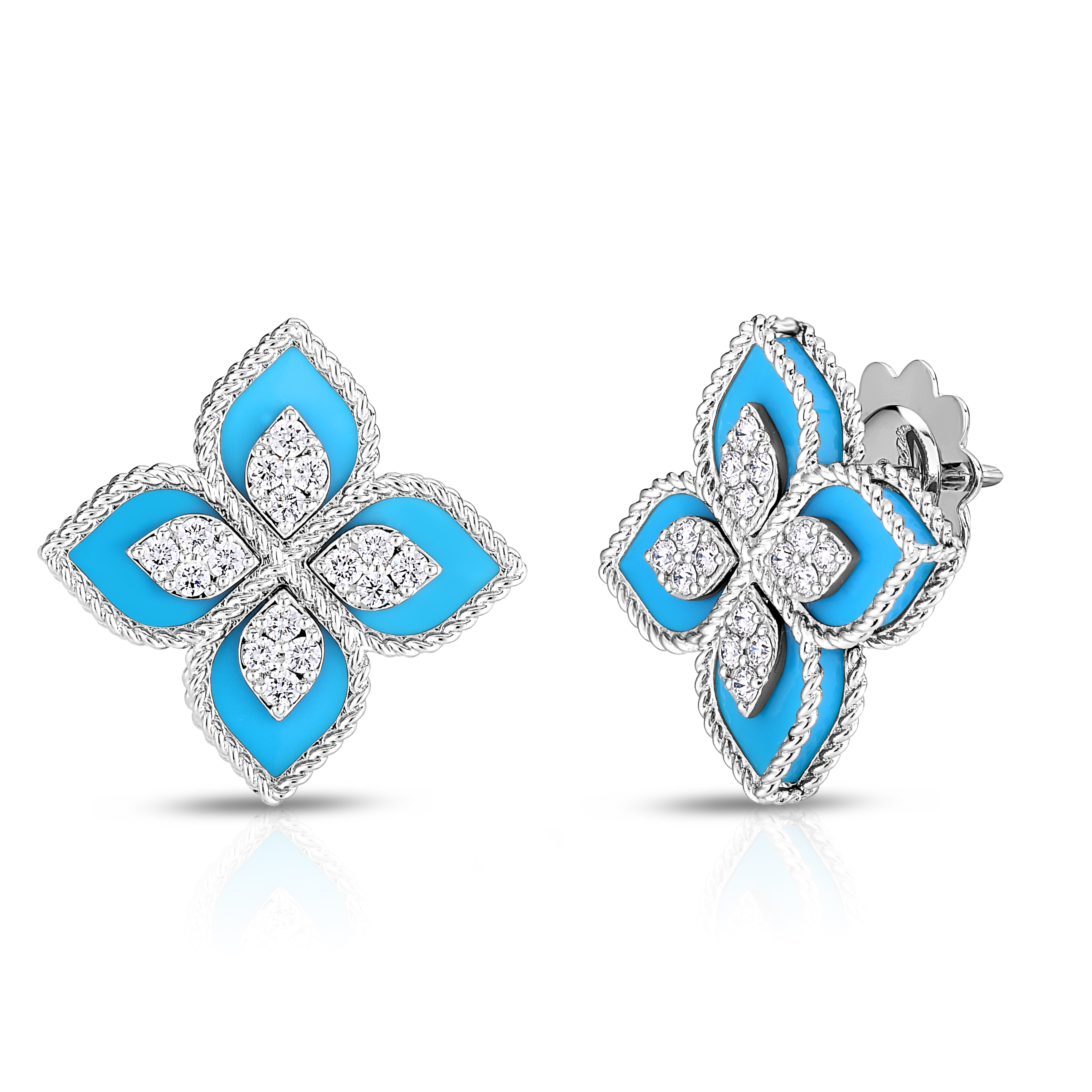 18k White Gold Venetian Princess Diamond & Turquoise Flower Stud Earrings