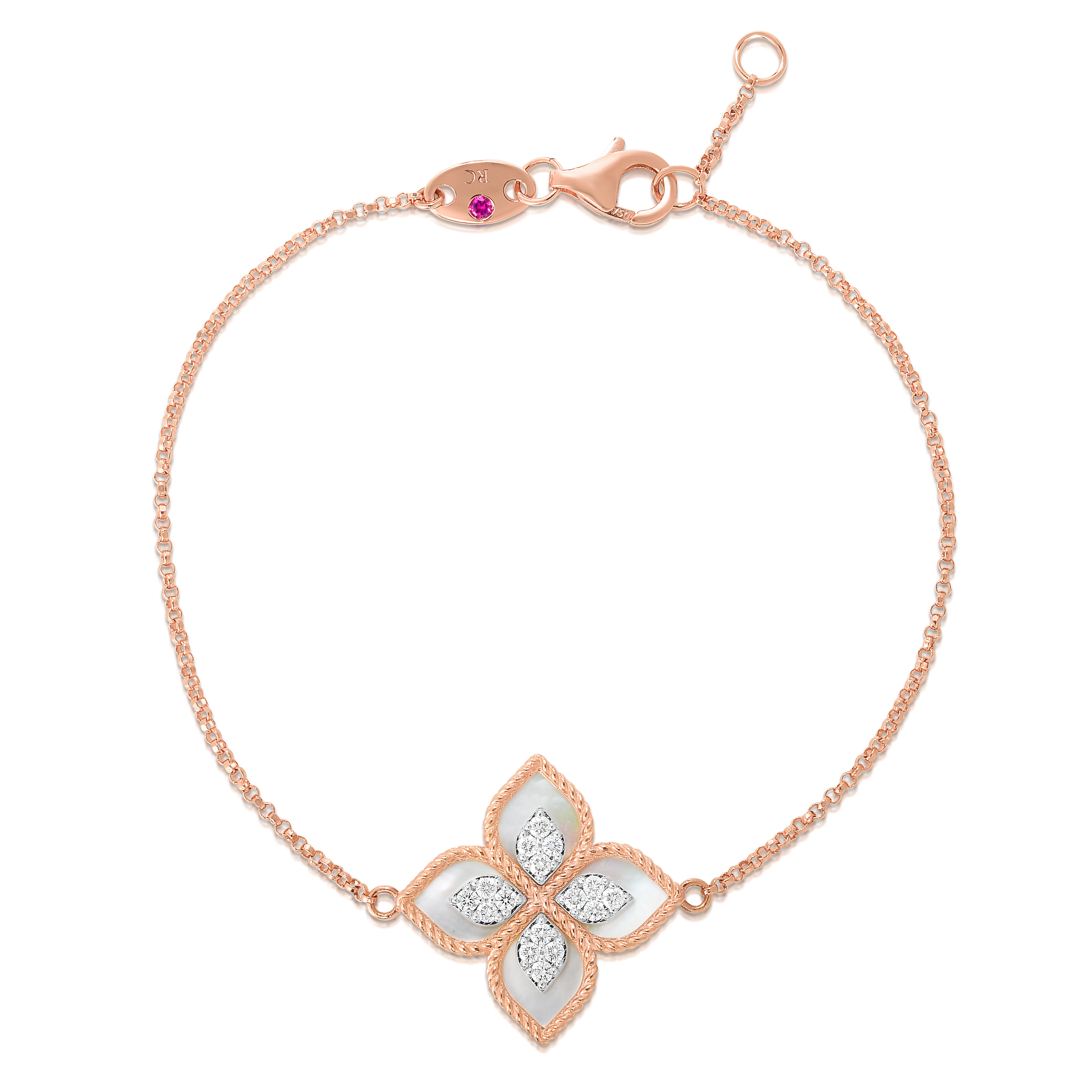 18k Rose/white Gold Venetian Princess Diamond & Mother Of Pearl Flower Bracelet