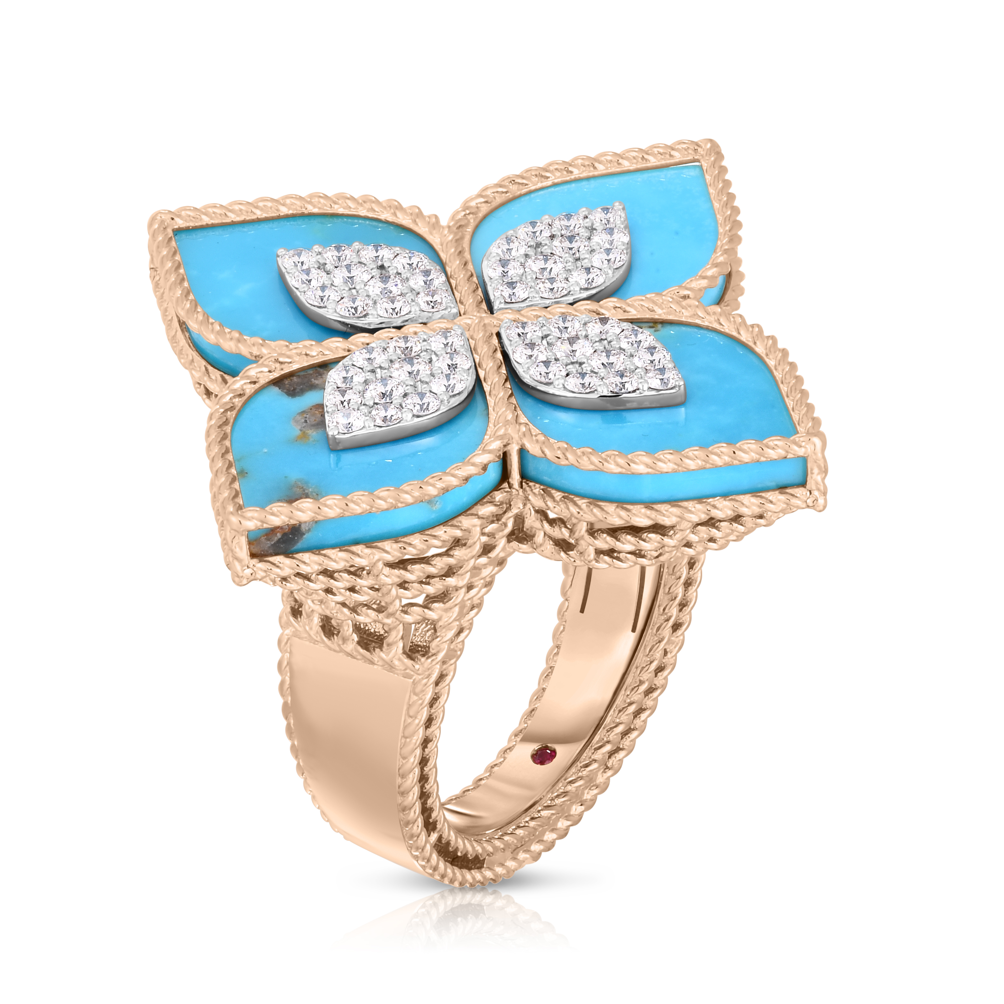 18k Rose/white Gold Venentian Princess Large Diamond & Turquoise Flower Ring
