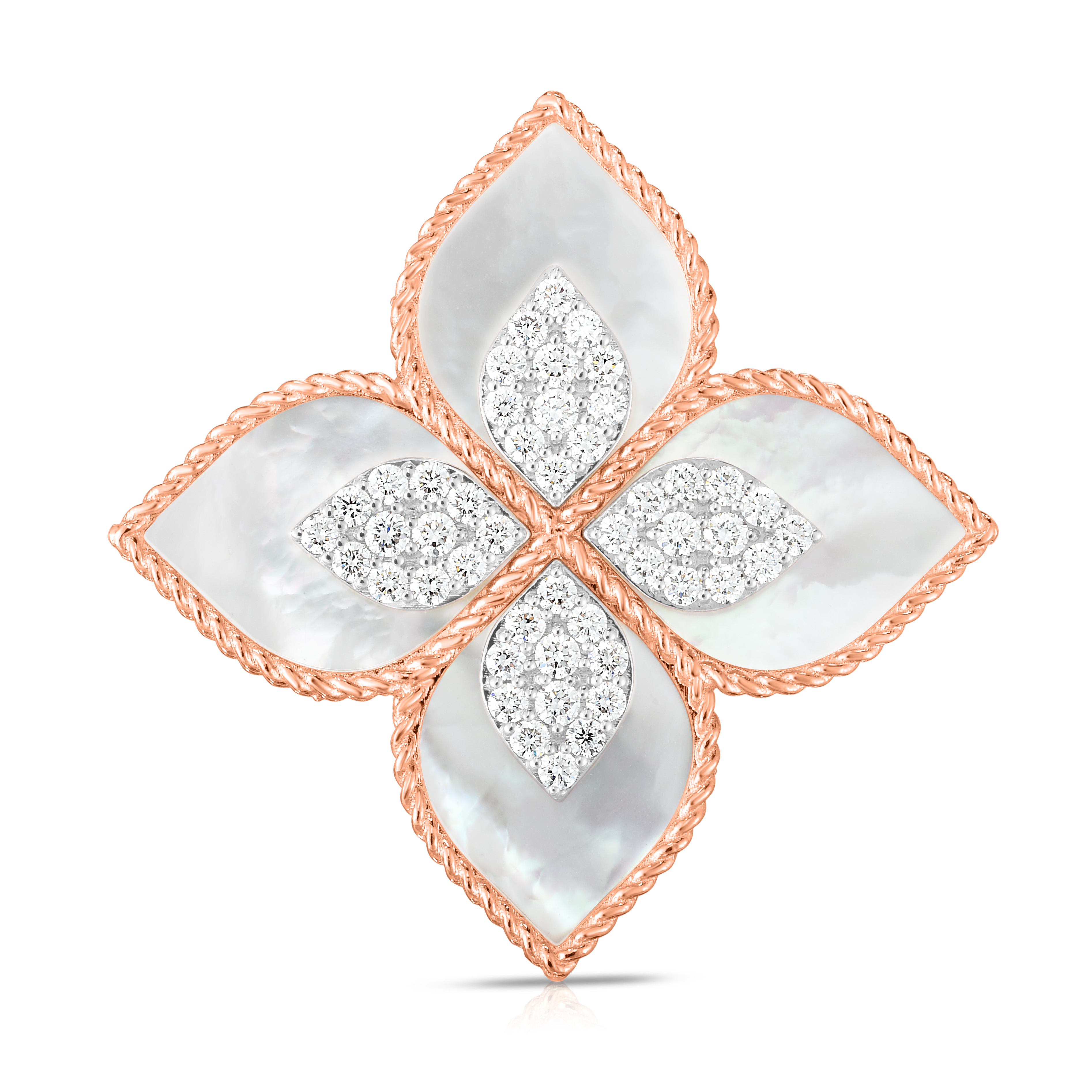18k Rose/white Gold Venetian Princess Large Diamond & Mother Of Pearl Flower Ring