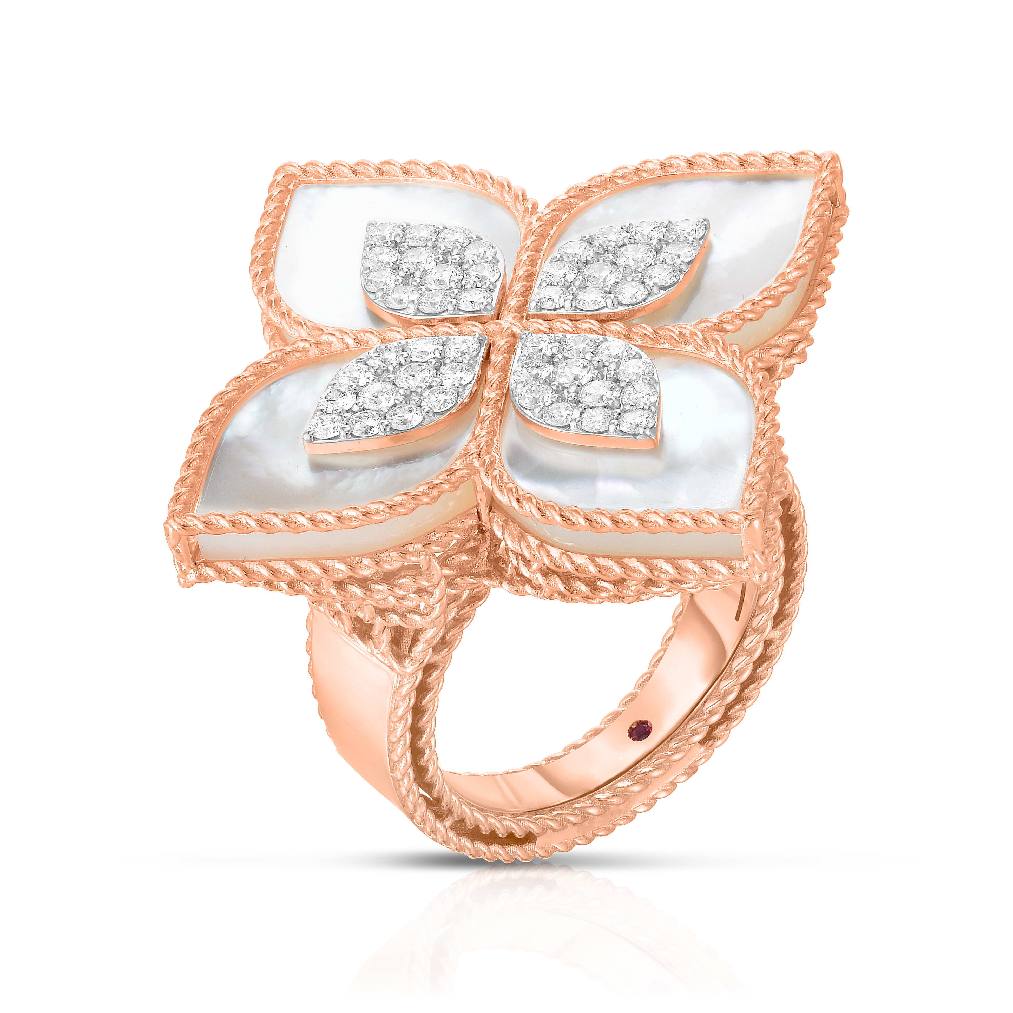18k Rose/white Gold Venetian Princess Large Diamond & Mother Of Pearl Flower Ring