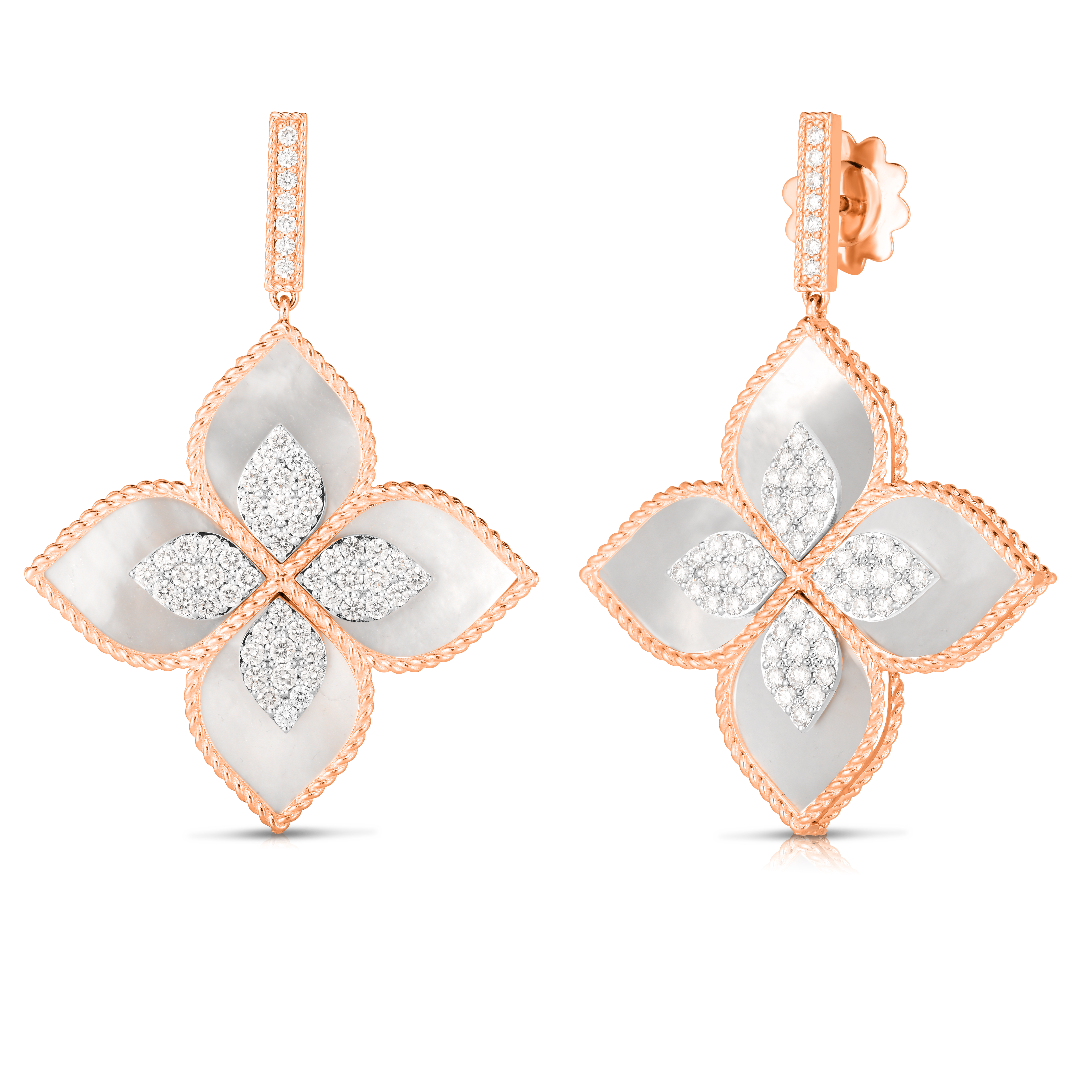18k Rose/white Gold Venetian Princess Large Diamond & Mother Of Pearl Flower Drop Earrings