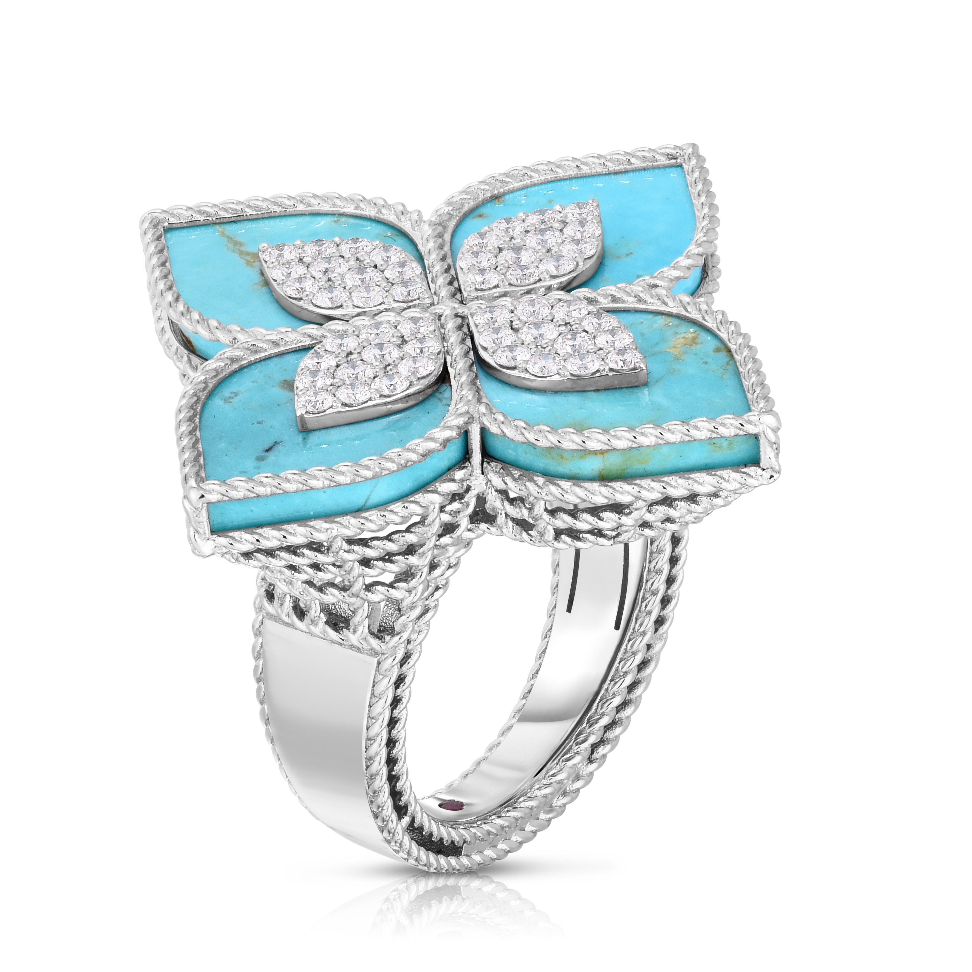 18k White Gold Venentian Princess Large Diamond & Turquoise Flower Ring